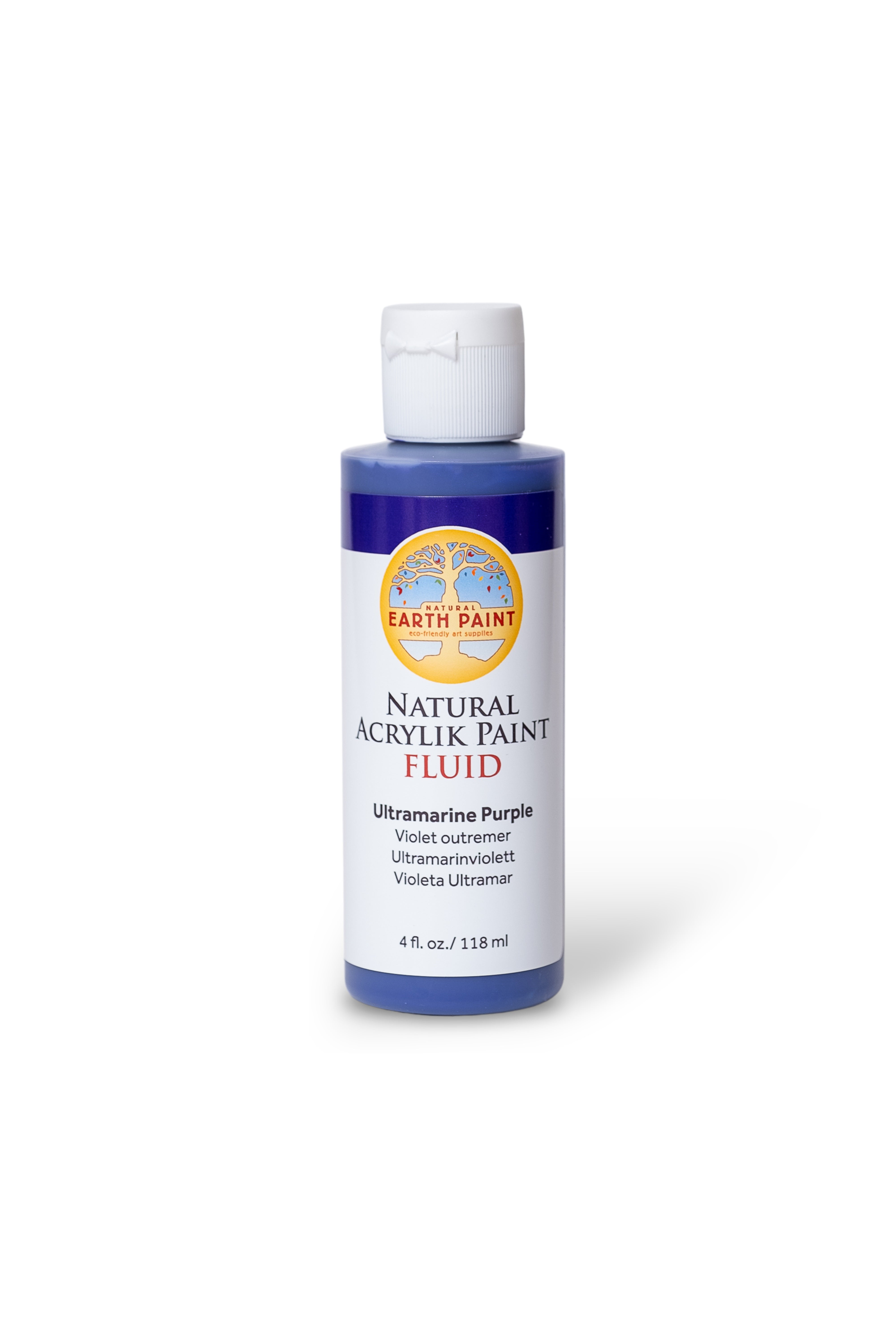 Bottle of Earth Paint natural acrylic paint fluid in Ultramarine Purple on a white background