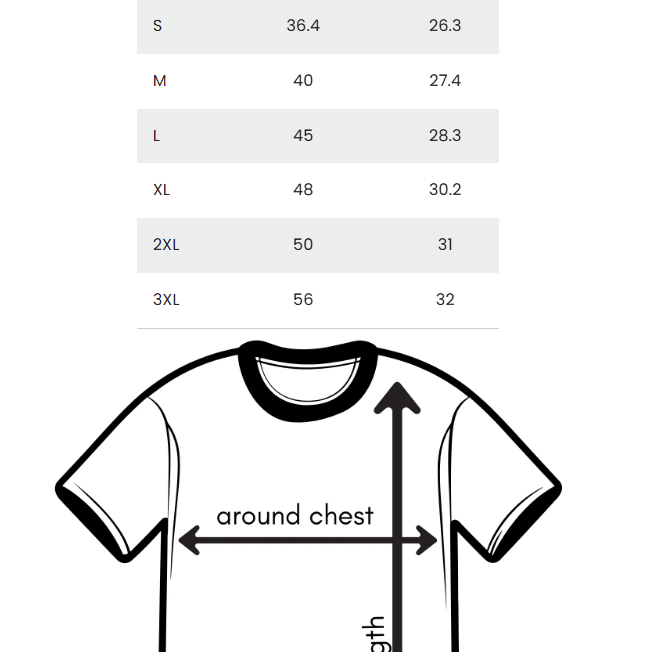 T-shirt size chart showing chest measurements in inches and centimeters for sizes XS through 3XL, with a simple line drawing of a T-shirt below labeled around chest and length.