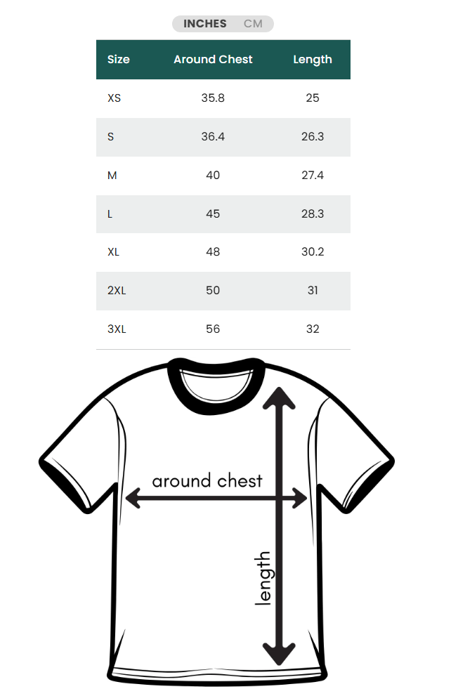 T-shirt size chart showing chest measurements in inches and centimeters for sizes XS through 3XL, with a simple line drawing of a T-shirt below labeled around chest and length.