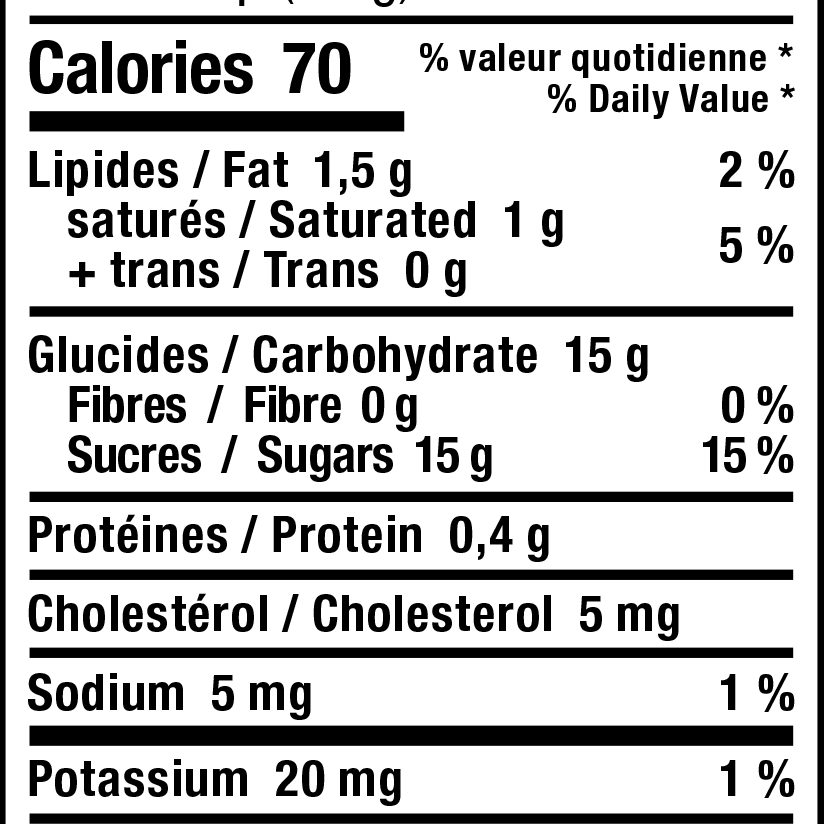 Nutrition facts label for a food product in both French and English.