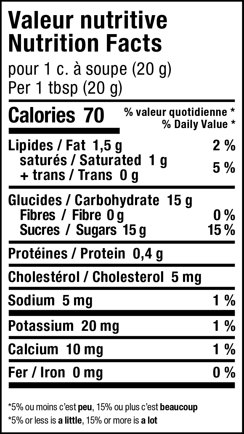 Nutrition facts label for a food product in both French and English.