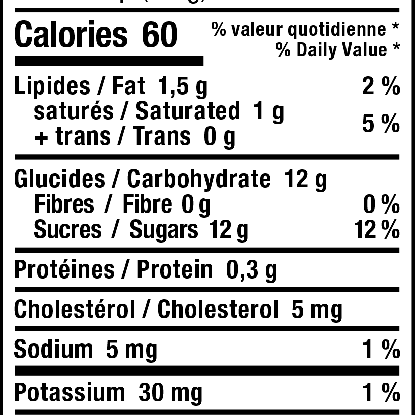 Nutrition facts label for a food product in both French and English.