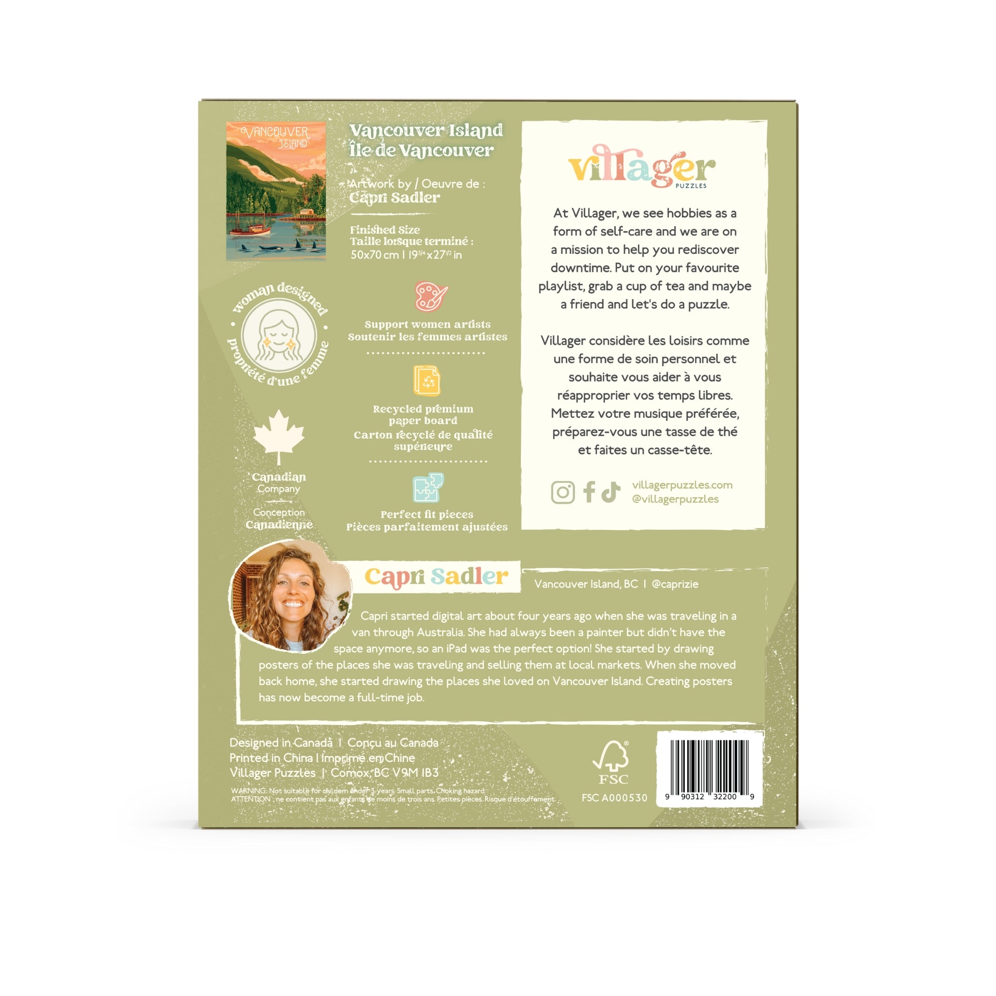 Back of a Vancouver Island-themed product packaging with text and branding.