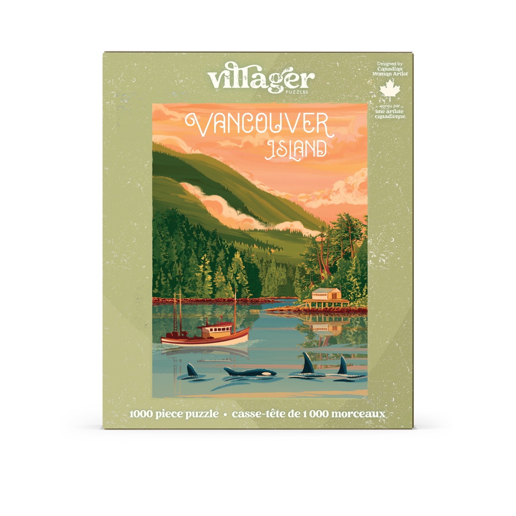 Vancouver Island-themed puzzle packaging with scenic illustration and 'villager' branding.