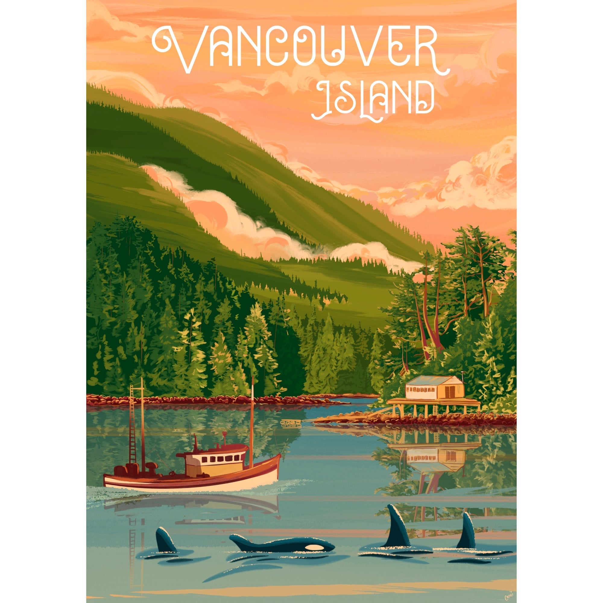 Vintage-style poster of Vancouver Island with a boat, mountains, and trees.