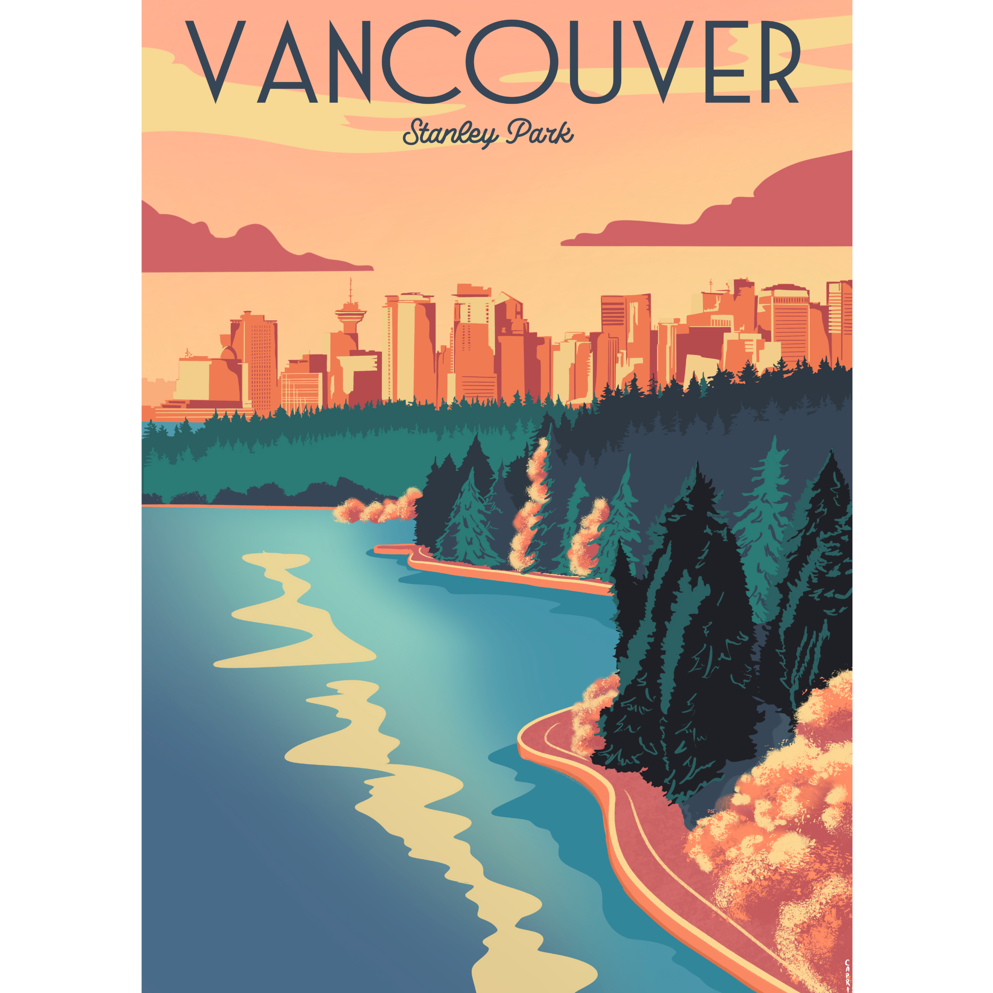 Vintage-style poster of Vancouver with a city skyline and Stanley Park.