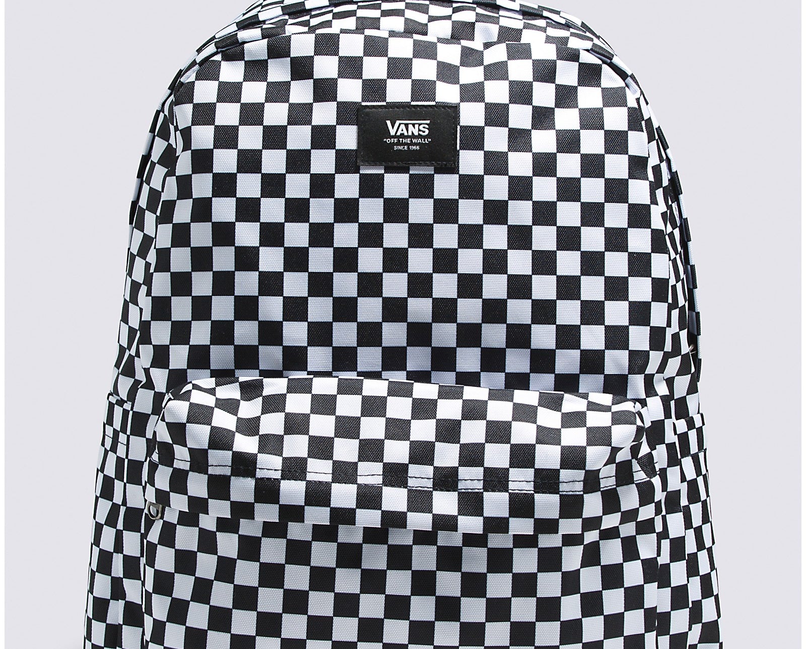 Vans Old Skool H2O Check Backpack in black and white checkerboard pattern, featuring a large main compartment and front zip pocket.
