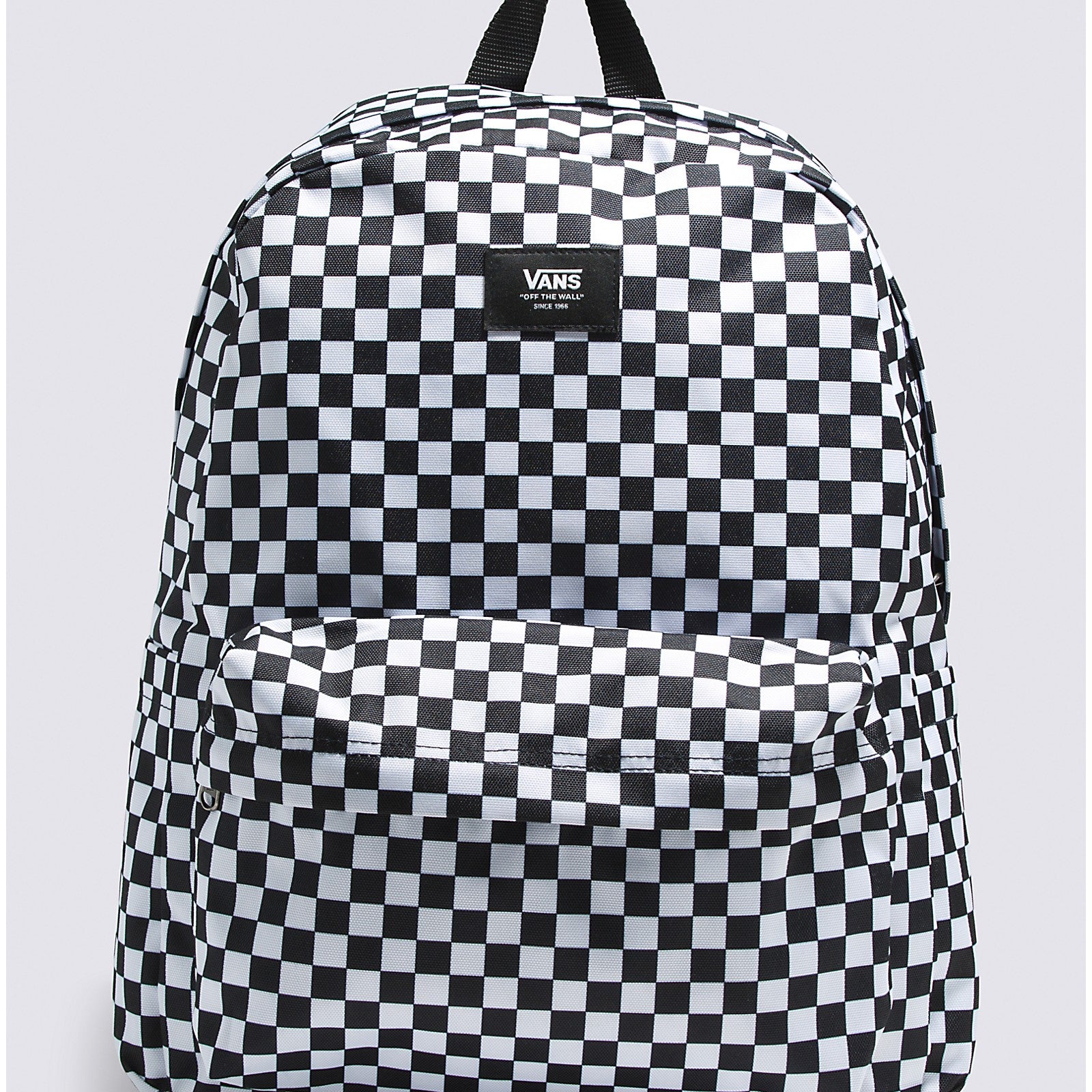 Vans Old Skool H2O Check Backpack in black and white checkerboard pattern, featuring a large main compartment and front zip pocket.