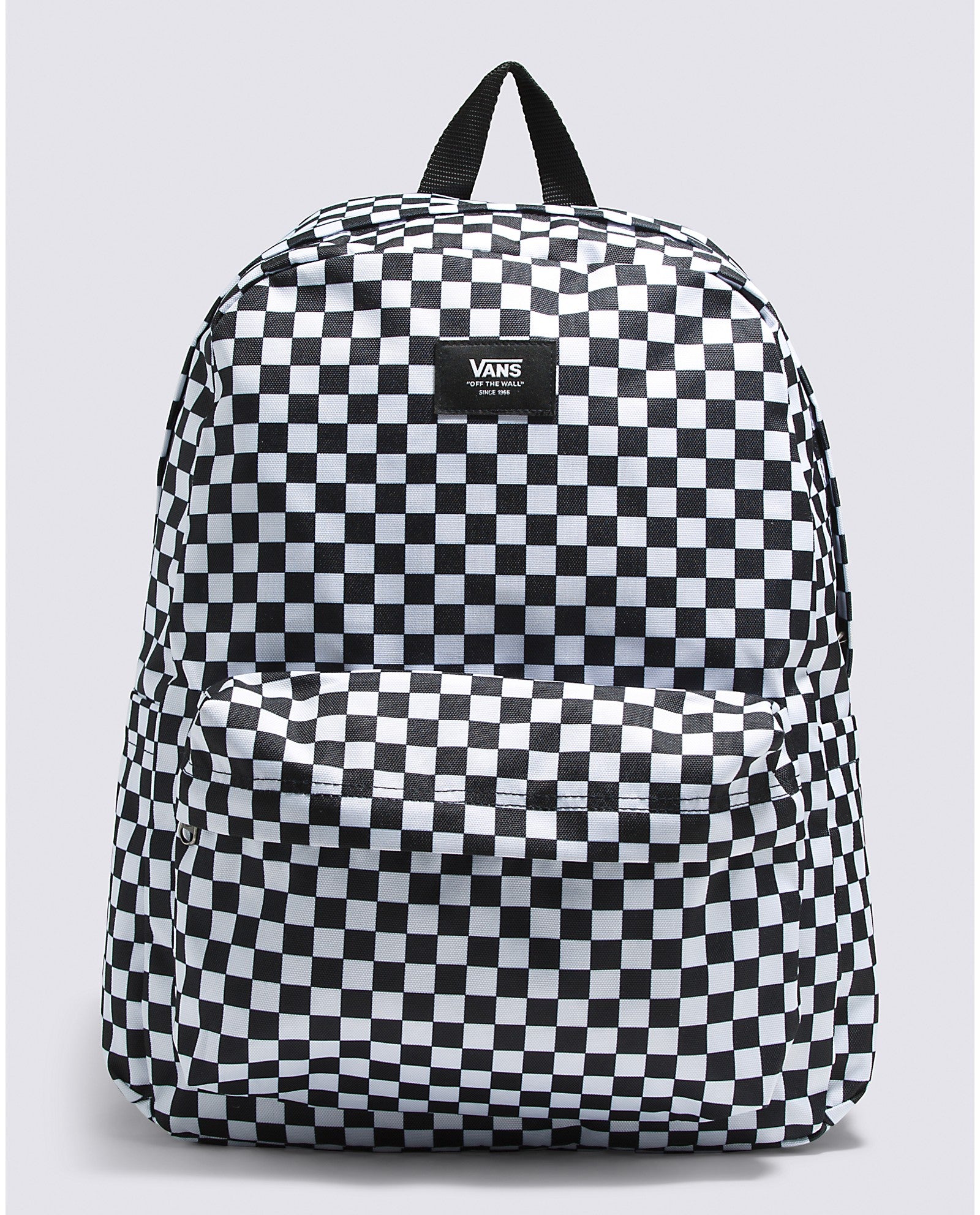 Vans Old Skool H2O Check Backpack in black and white checkerboard pattern, featuring a large main compartment and front zip pocket.