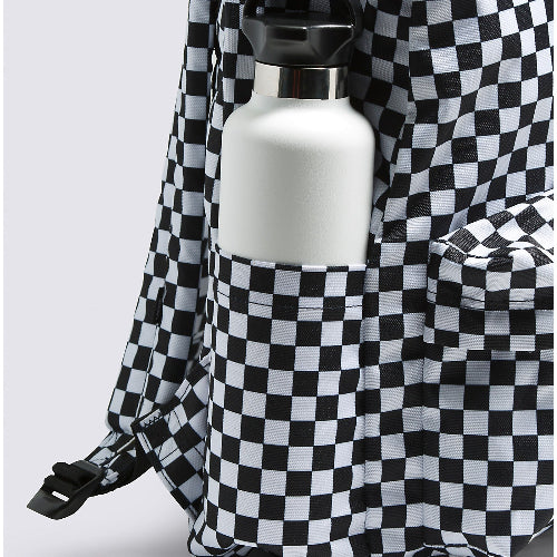 Vans Old Skool H2O Check Backpack with a water bottle in the side pocket, featuring stylish checkerboard print.