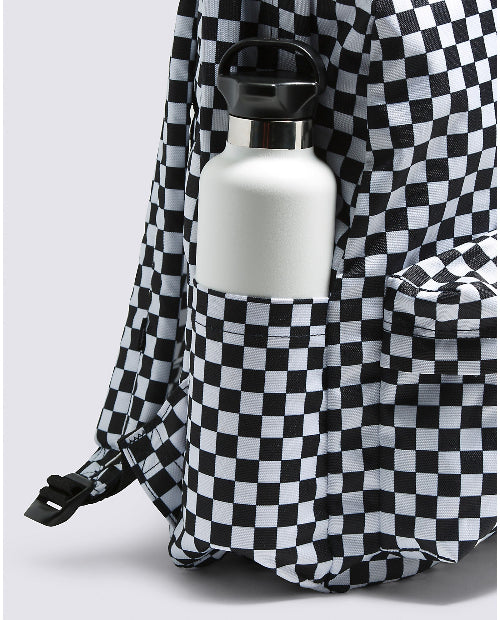 Vans Old Skool H2O Check Backpack with a water bottle in the side pocket, featuring stylish checkerboard print.