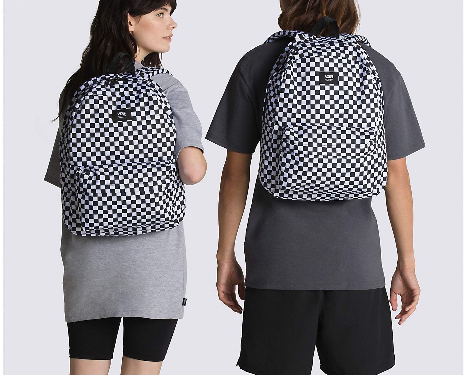 Vans Old Skool H2O Check Backpack showcased on two models, featuring a classic checkerboard pattern.