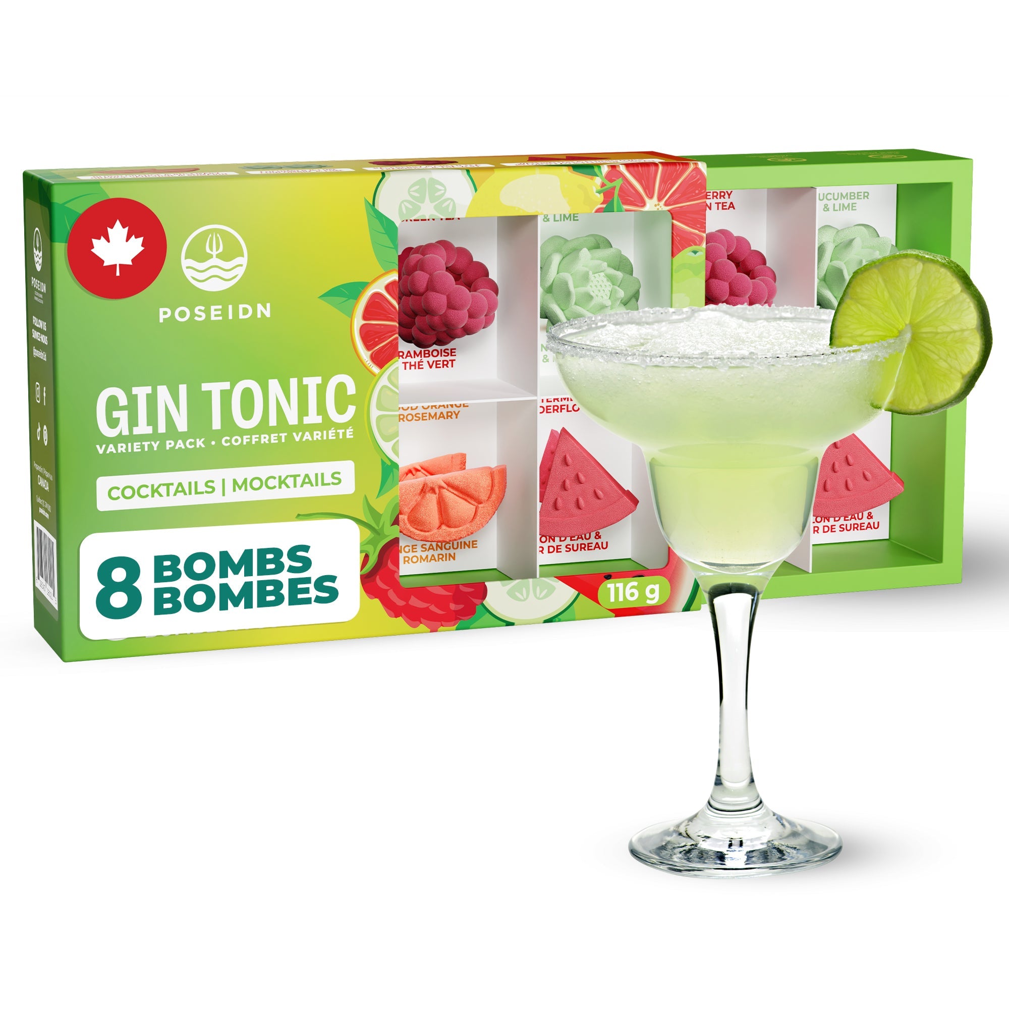 A box of Poseidn Gin Tonic Cocktails & Mocktails by Poseidn, featuring 8 different flavored Bombes, shown next to a margarita glass filled with a light green drink and a lime wheel, on a white background.