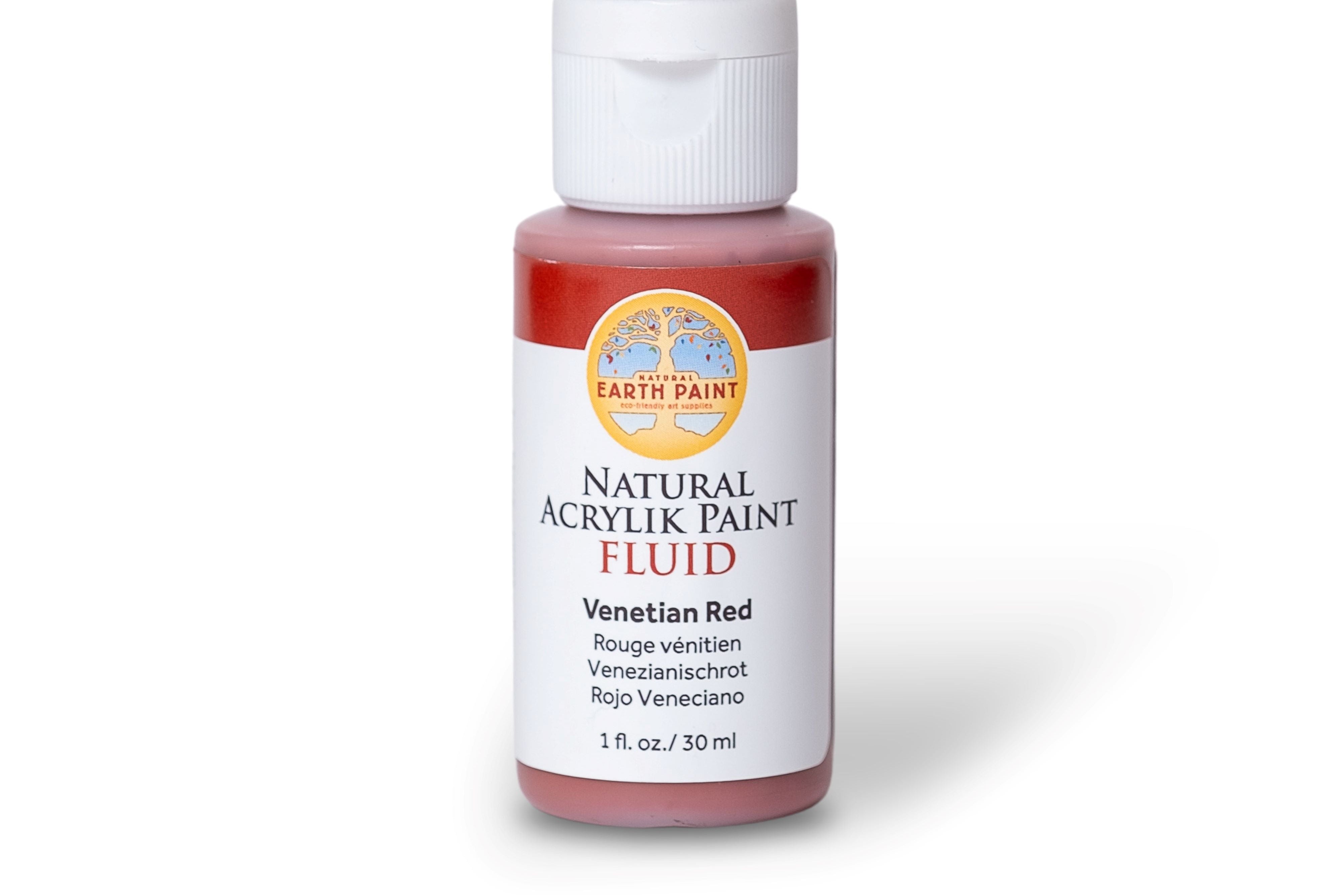 Bottle of Natural Acrylic Paint in Venetian Red on a white background