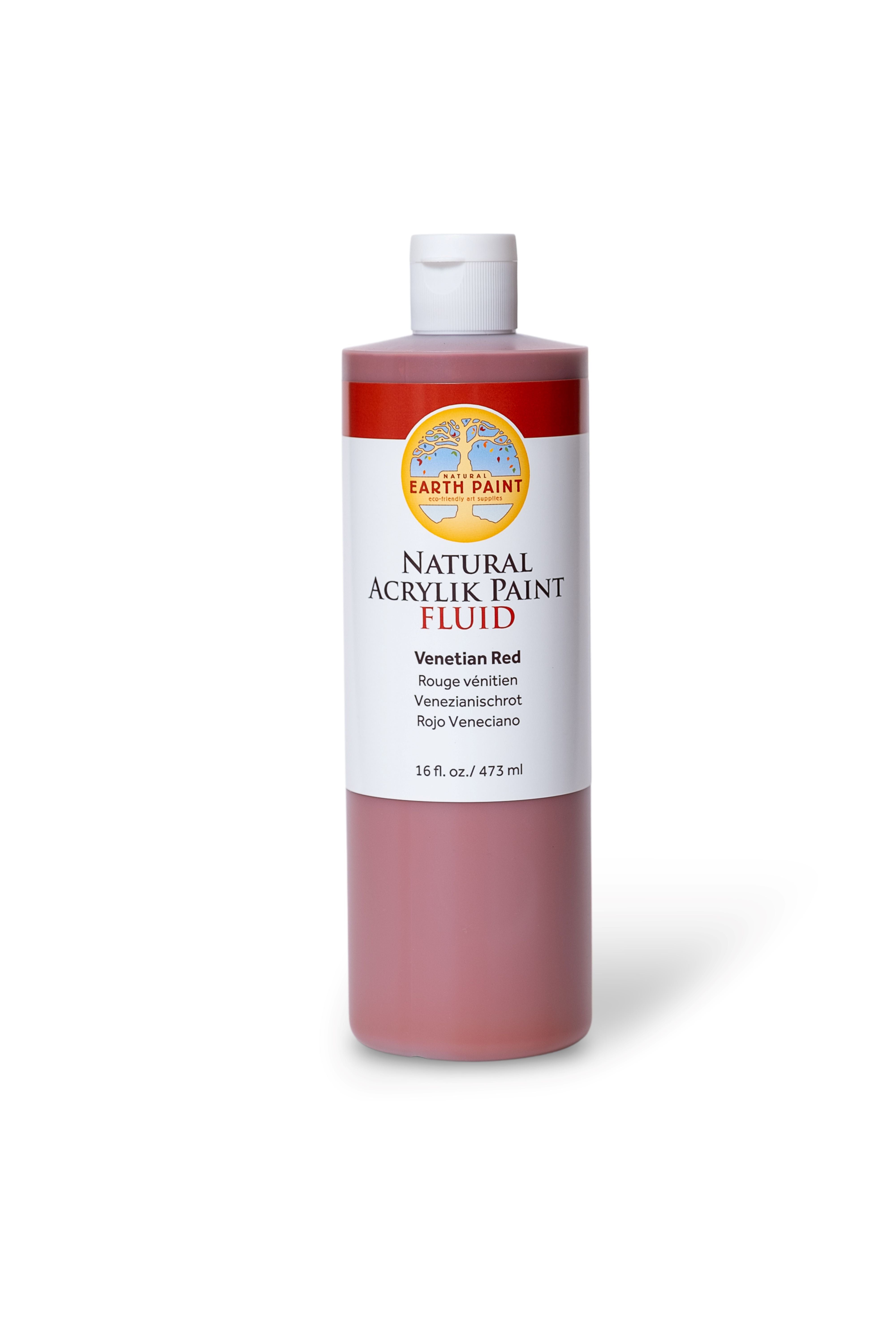 Bottle of Earth Paint Natural Acrylic Paint Fluid in Venetian Red on a white background