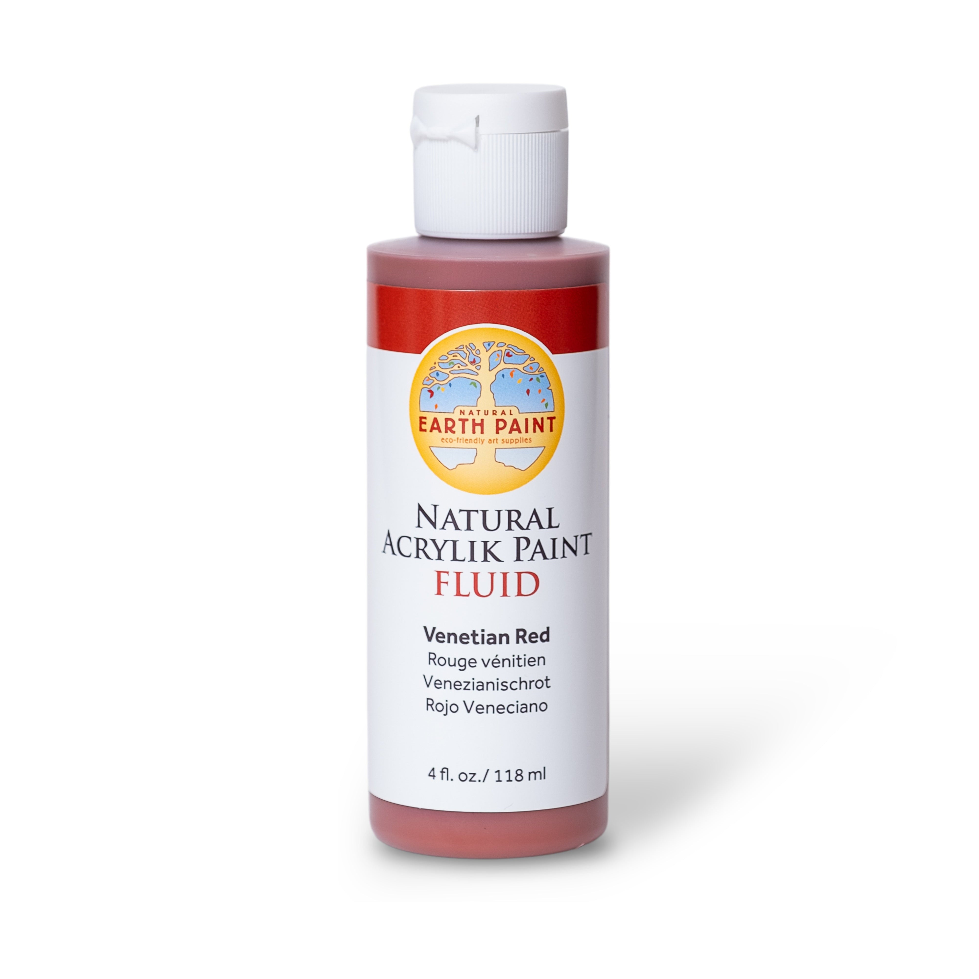 Bottle of Earth Paint Natural Acrylik Paint Fluid in Venetian Red on a white background