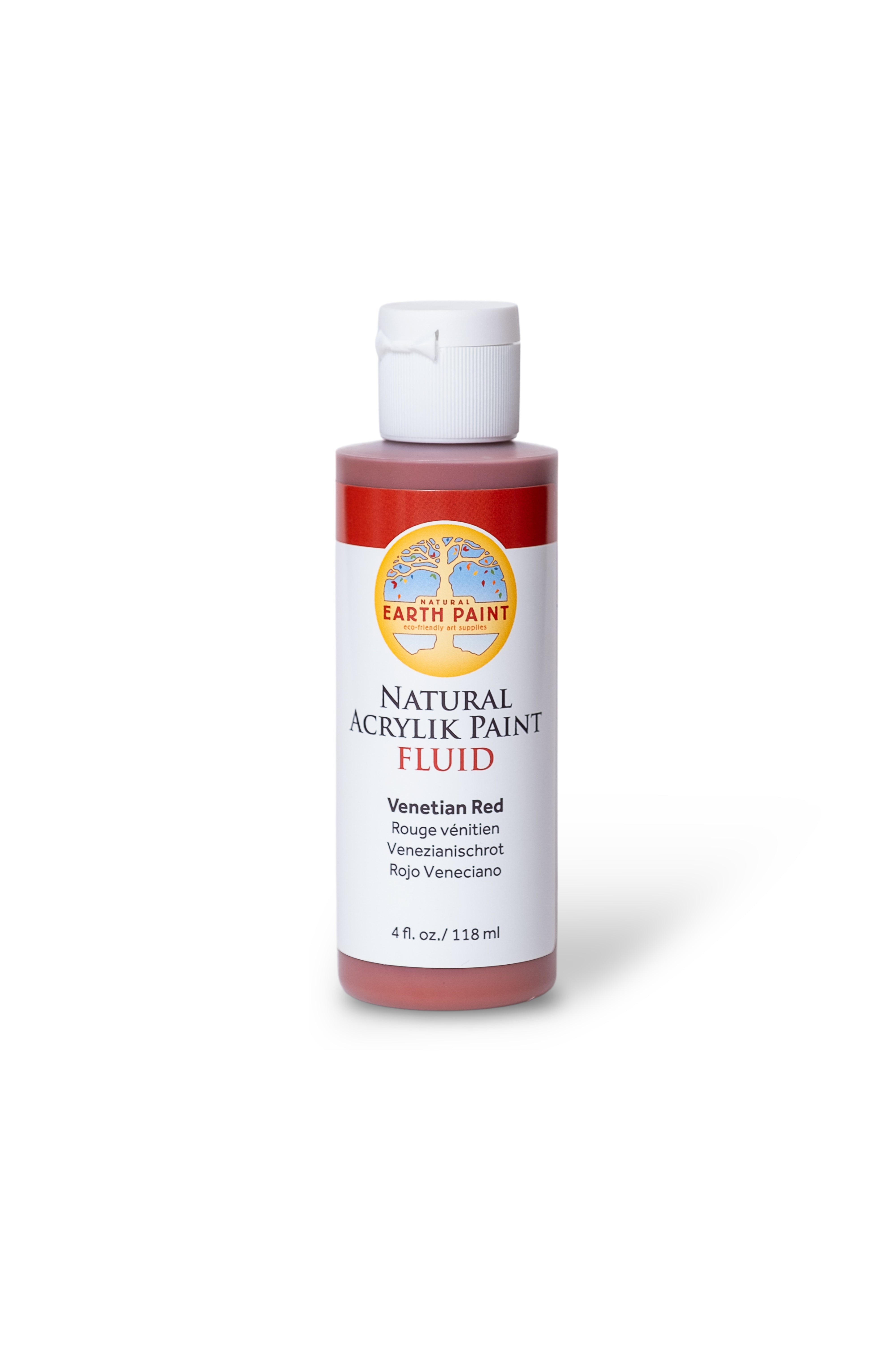 Bottle of Earth Paint Natural Acrylik Paint Fluid in Venetian Red on a white background