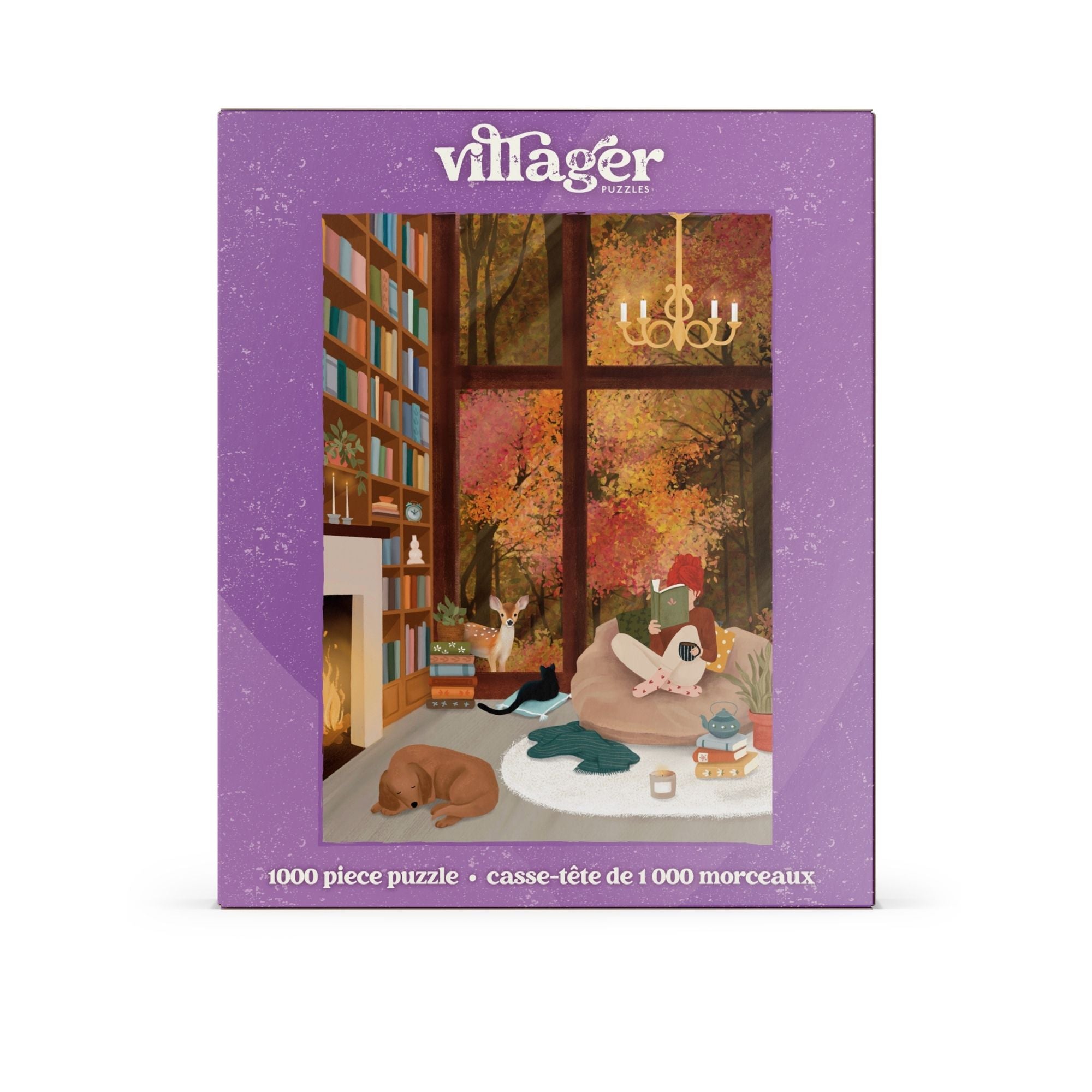 Villager 1000 piece puzzle packaging with a cozy room illustration on a purple background