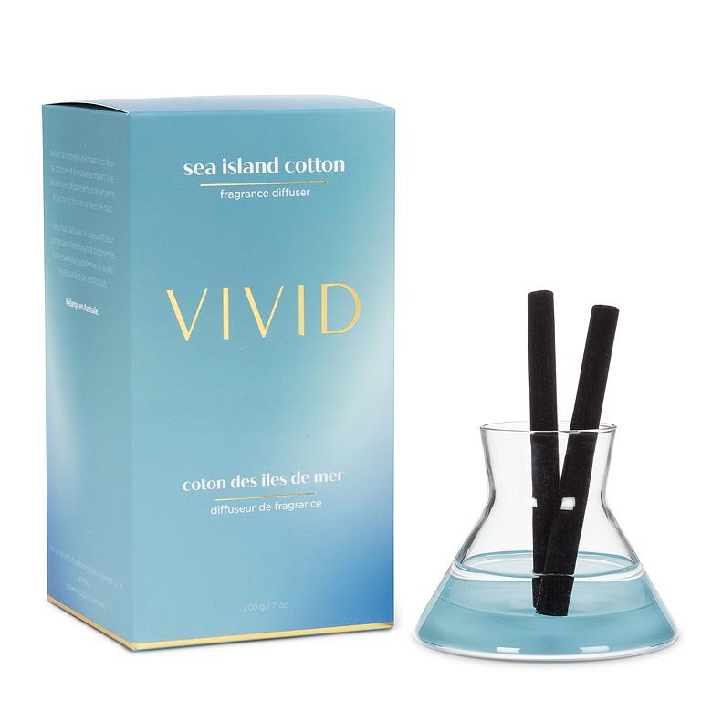 Vivid sea island cotton fragrance diffuser packaging and diffuser with sticks on a white background