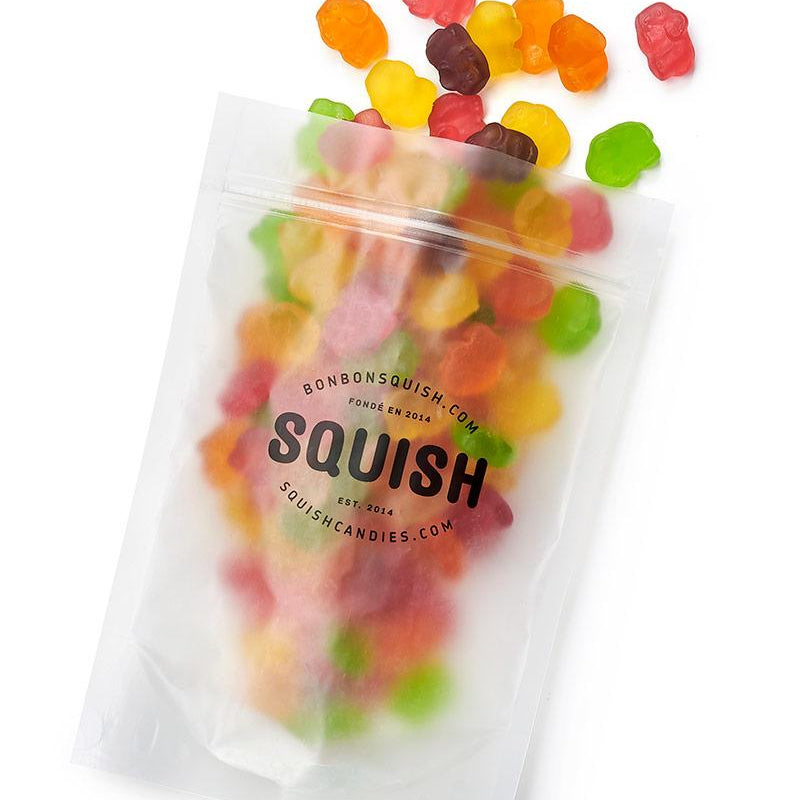 Clear bag of colorful gummy bears with 'Squish' branding on a white background