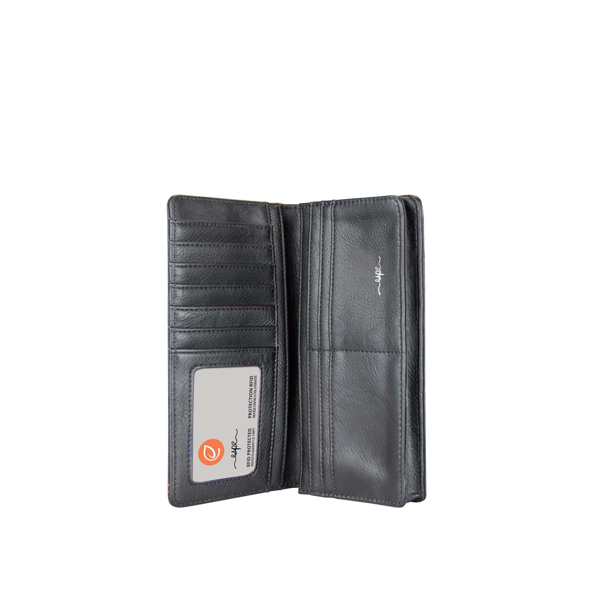 Espe Vegan Corp Black leather wallet with a visible brand logo on a white background