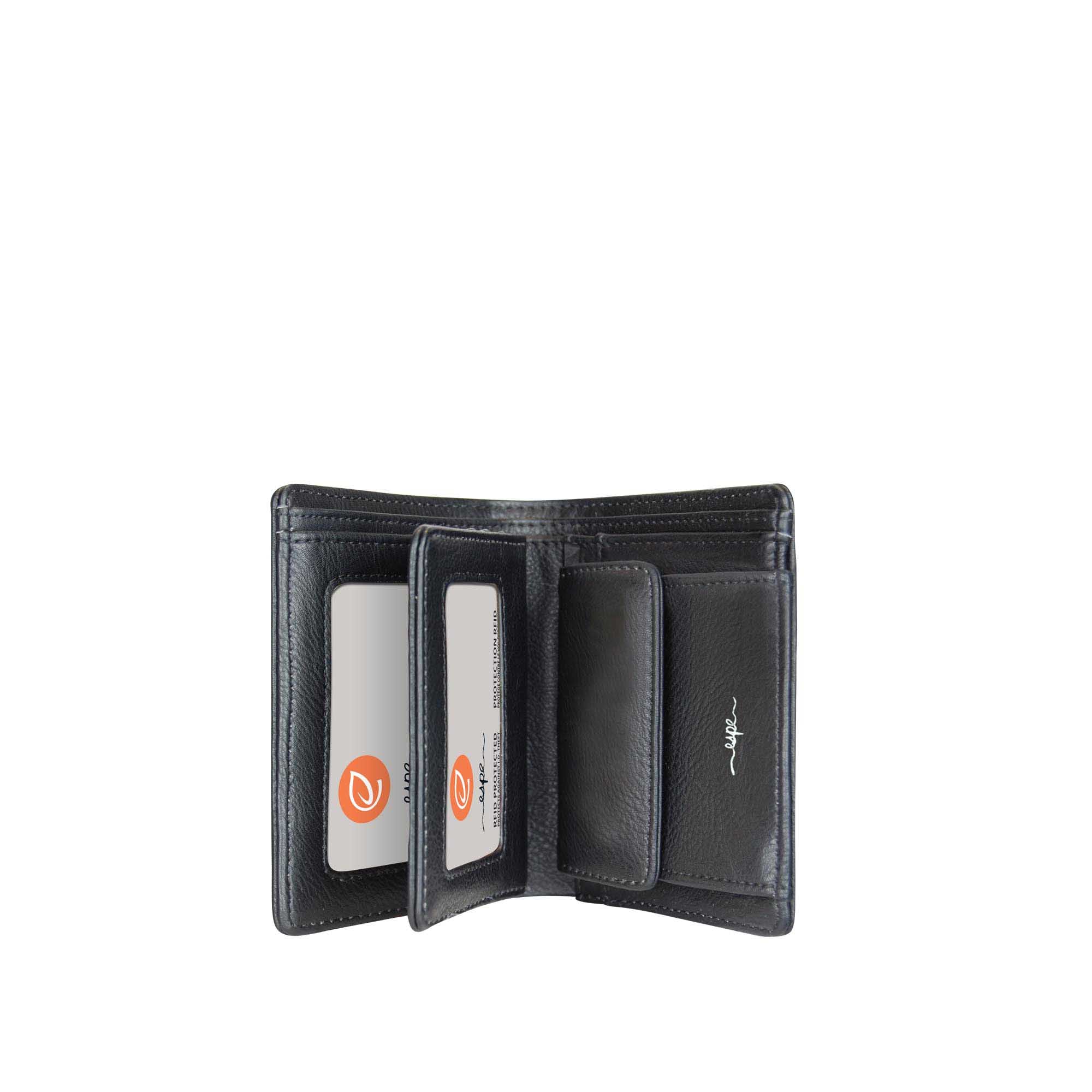 A blackEspe Vegan Corp bi-fold wallet shown open, 