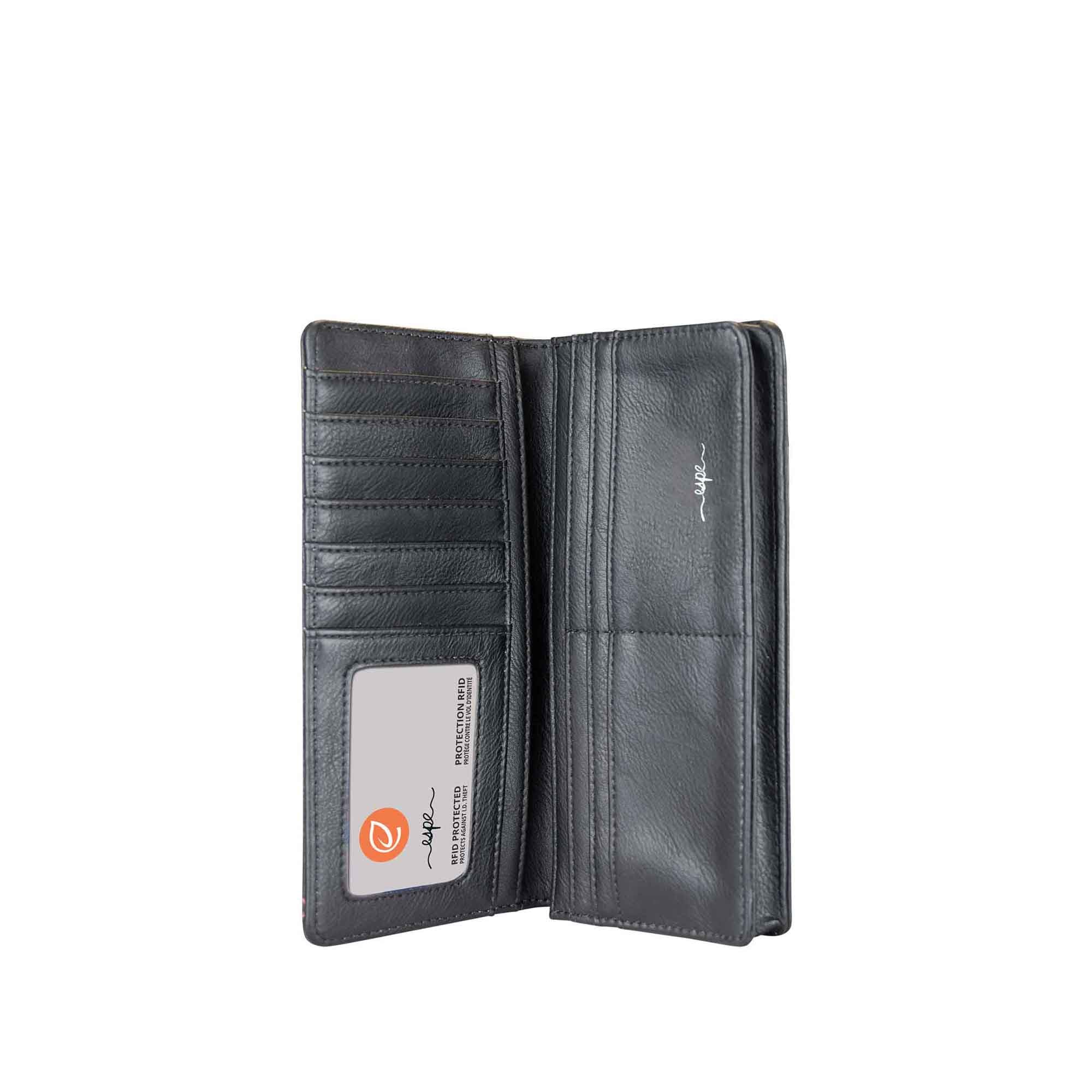 A Espe Vegan Corp dark grey leather bifold wallet shown open, displaying its interior card slots, ID window, and pocket compartments against a plain white background.