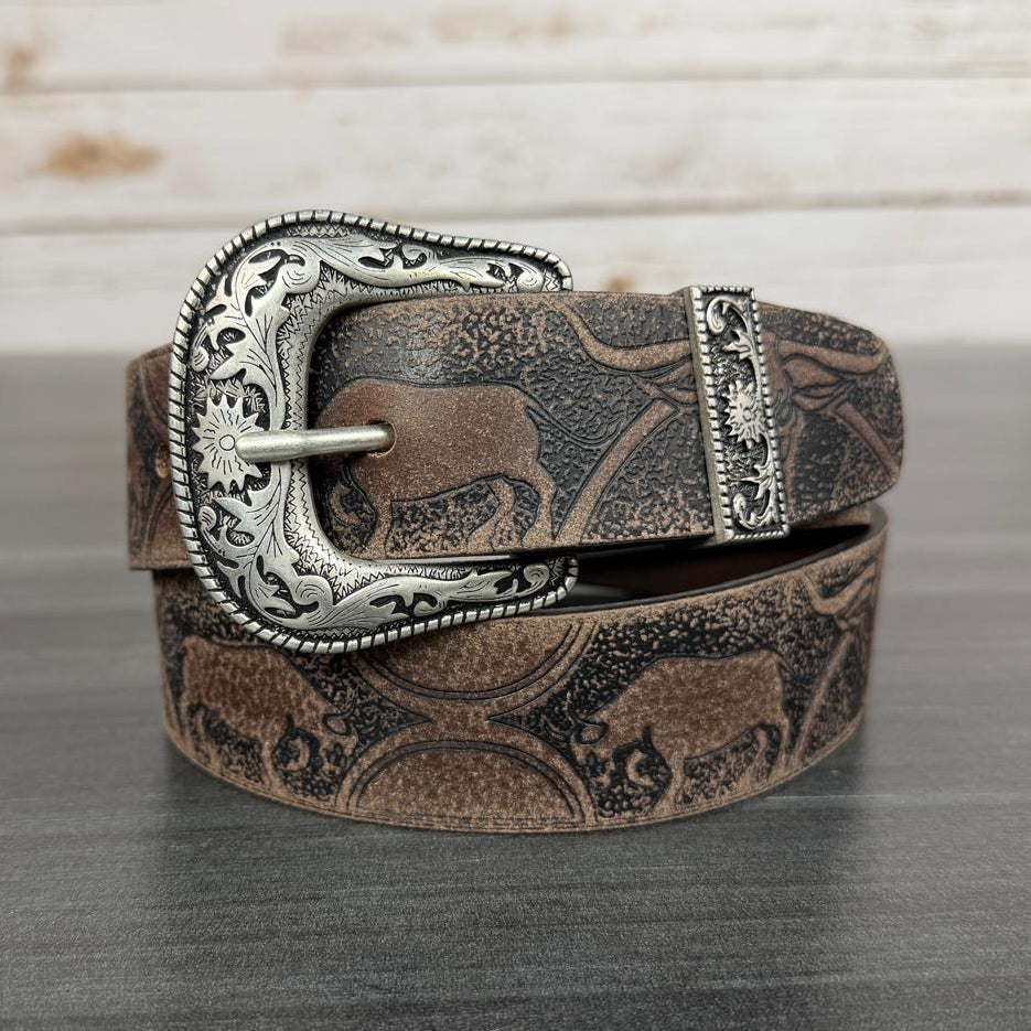 Keldon Men’s Western Belt – Embossed Bull Design with Silver Buckle | Boutique of Leathers