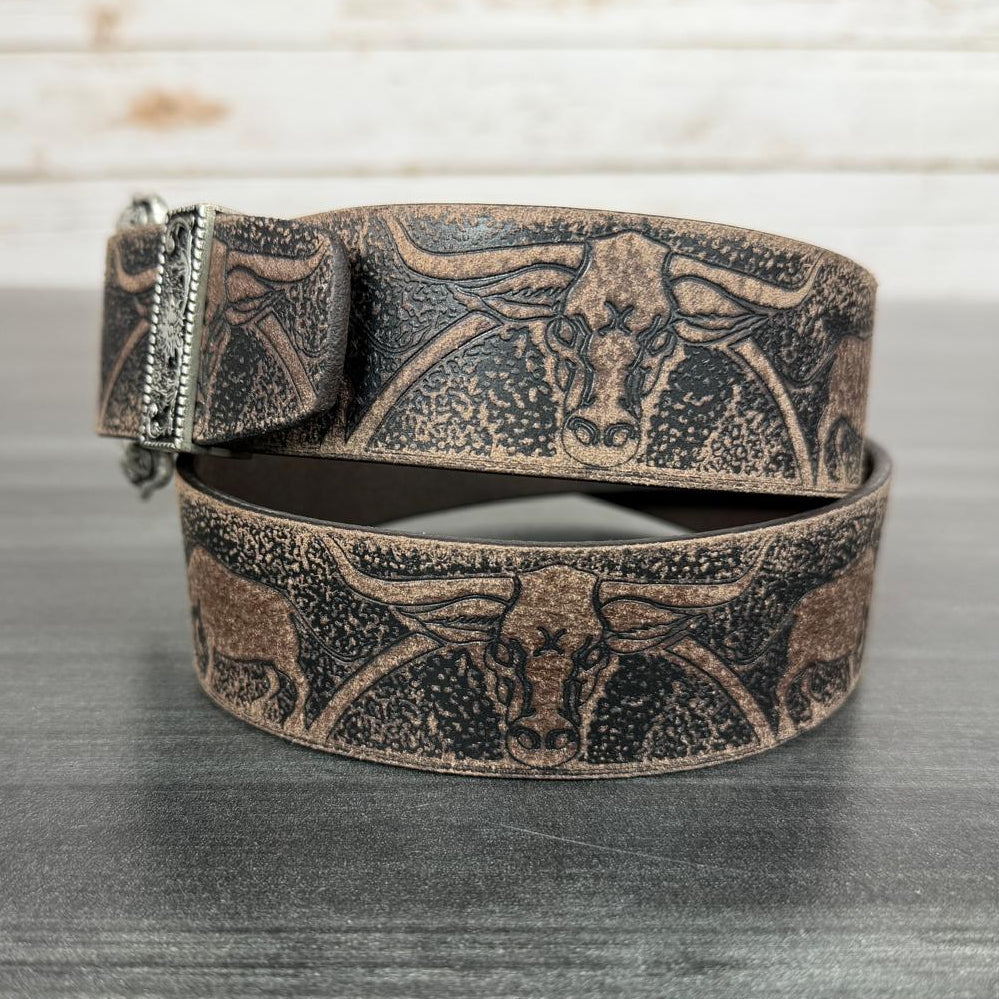 Keldon Men’s Western Belt – Embossed Bull Design with Silver Buckle | Boutique of Leathers side