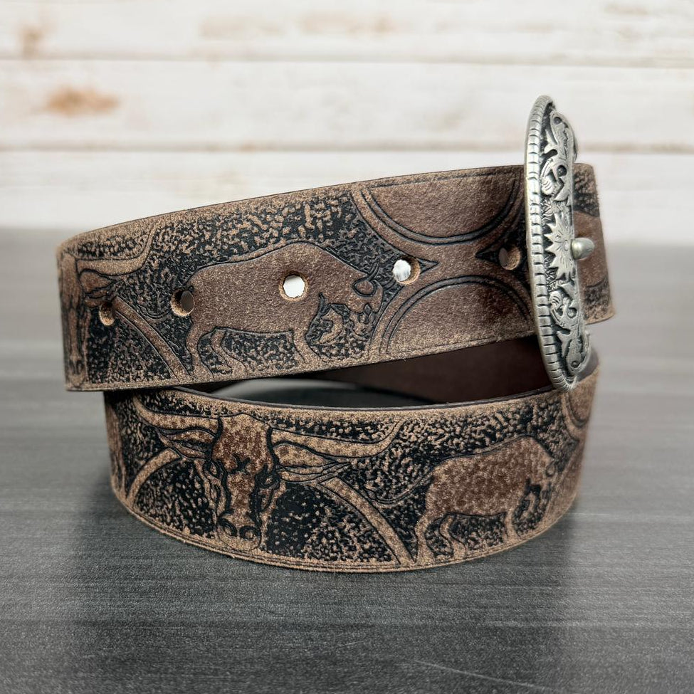 Keldon Men’s Western Belt – Embossed Bull Design with Silver Buckle | Boutique of Leathers side 2