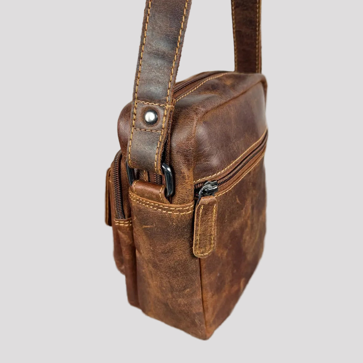 Greenwood Mini-Messenger Bag – Premium Compact Crossbody | Boutique of Leathers brown side