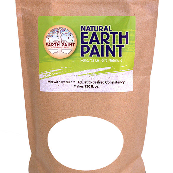Bag of natural earth paint with a label on a white background