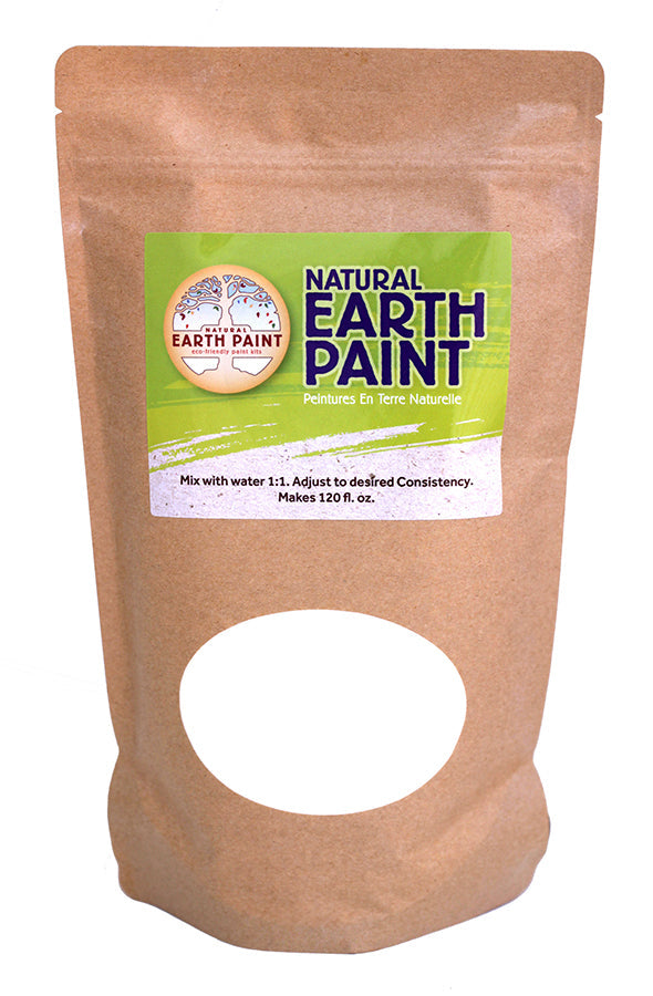 Bag of natural earth paint with a label on a white background