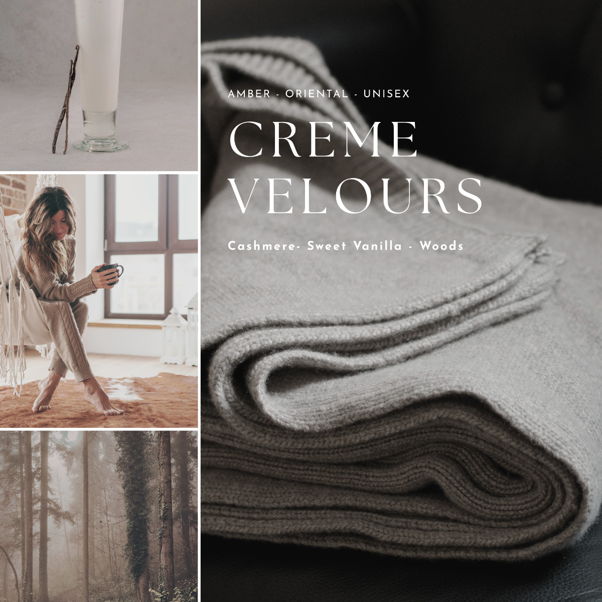 Collage of a folded gray fabric with 'Creme Velours' text, a woman sitting in a room, and a forest scene.