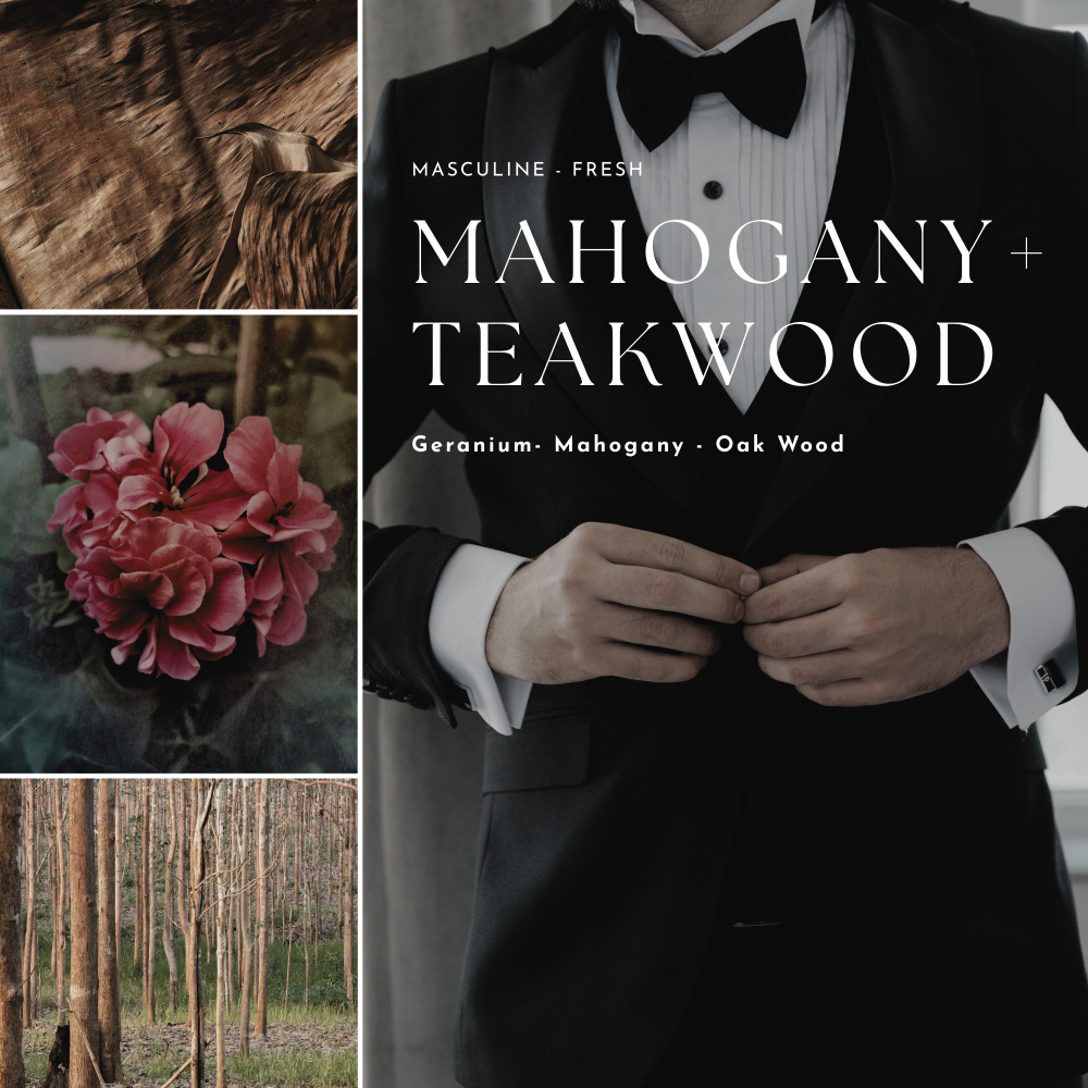 Person in a tuxedo with text 'MAHOGANY + TEAKWOOD' and nature elements.