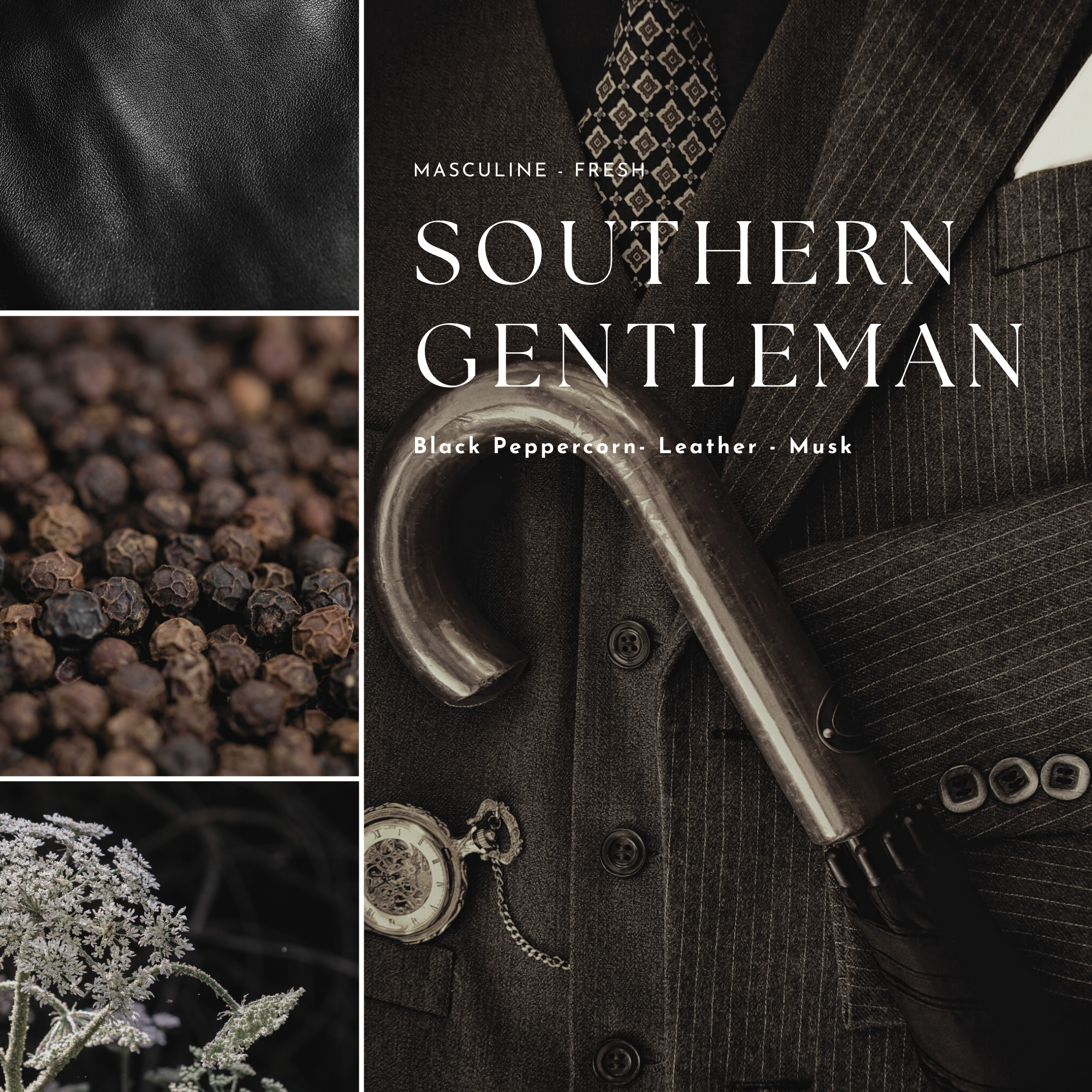 Collage of textures and objects with 'Southern Gentleman' branding and product description.