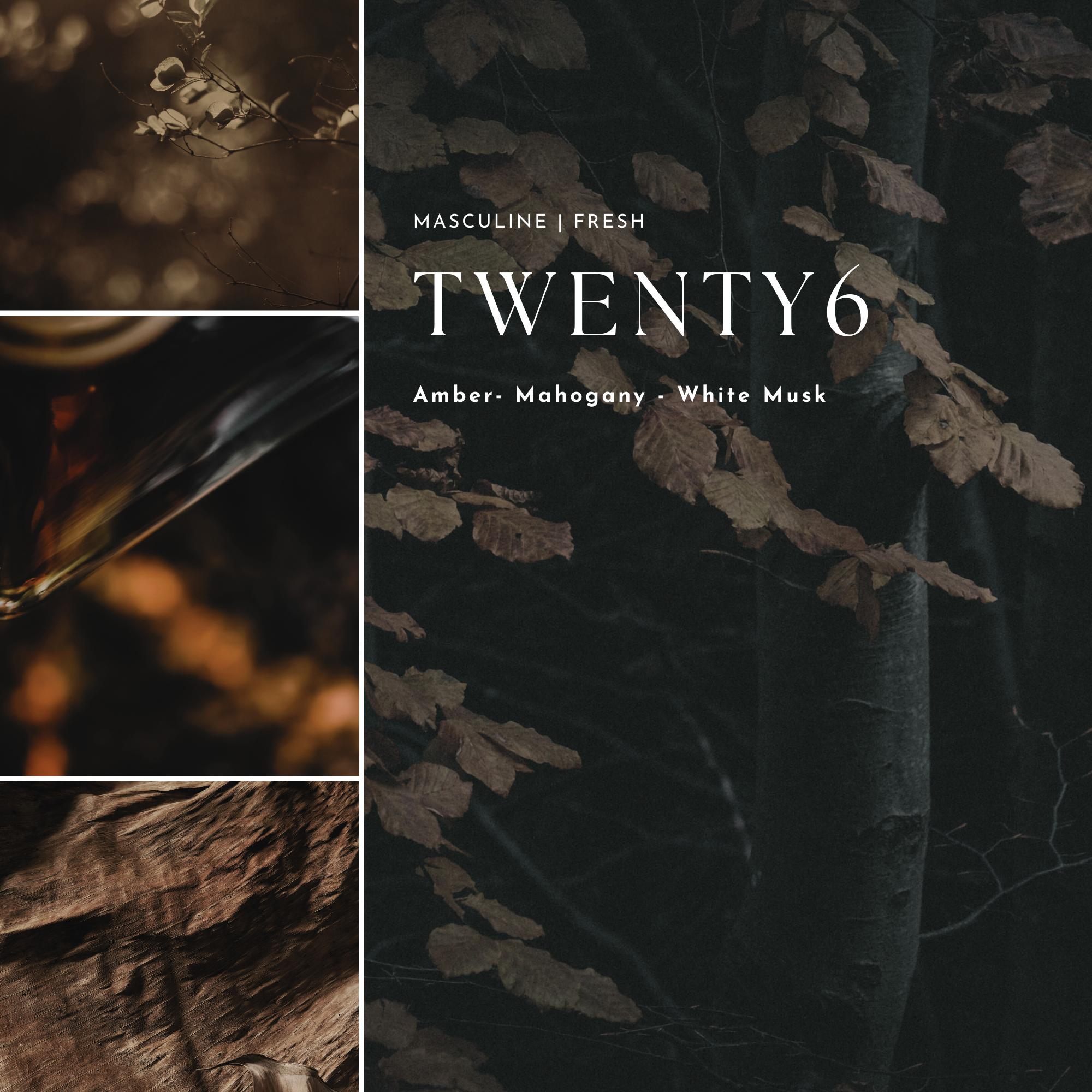Collage of dark-themed product images with 'TWENTY6' branding and descriptive text.