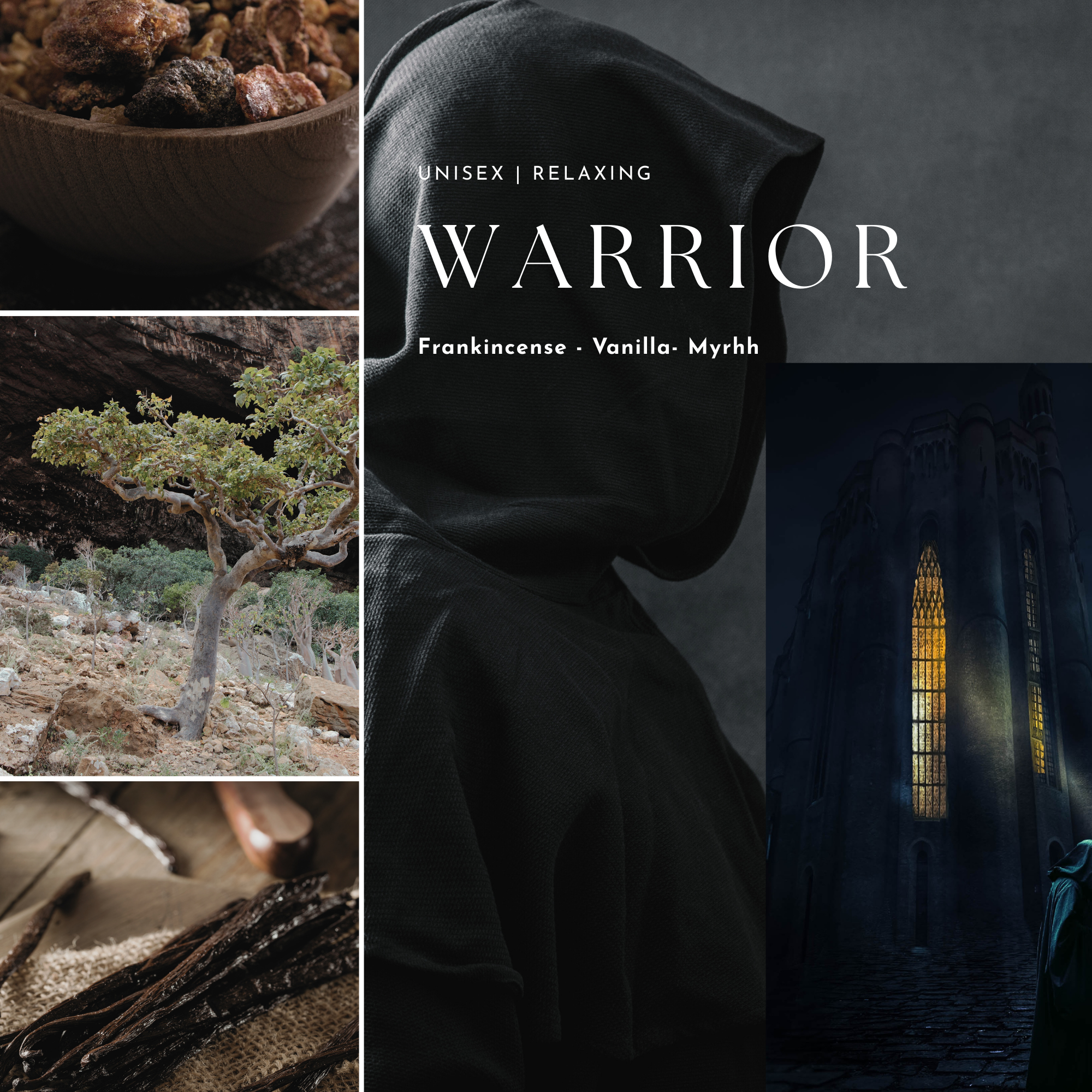 Collage of images with text 'UNISEX | RELAXING WARRIOR' and elements like a hooded figure, tree, and vanilla bean.