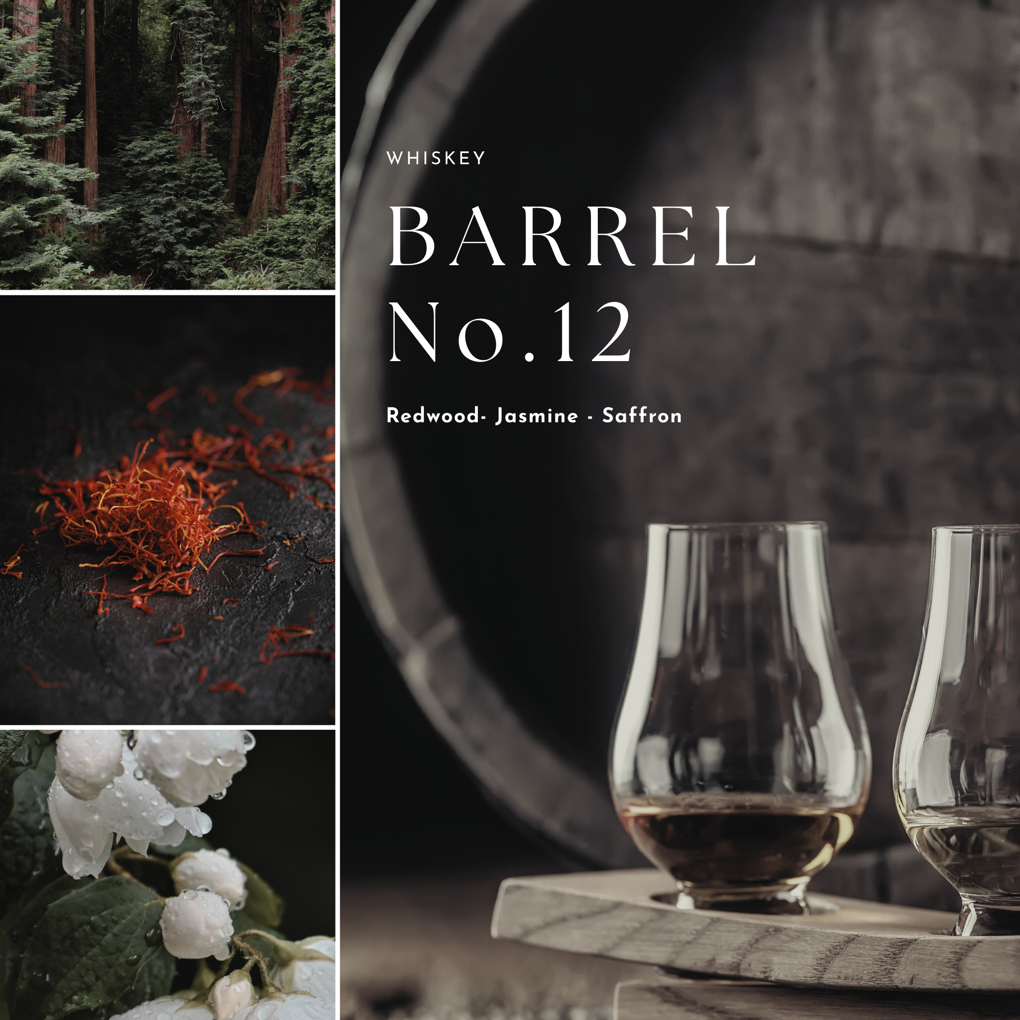 Collage of whiskey barrel, saffron, and white berries with two glasses of whiskey.