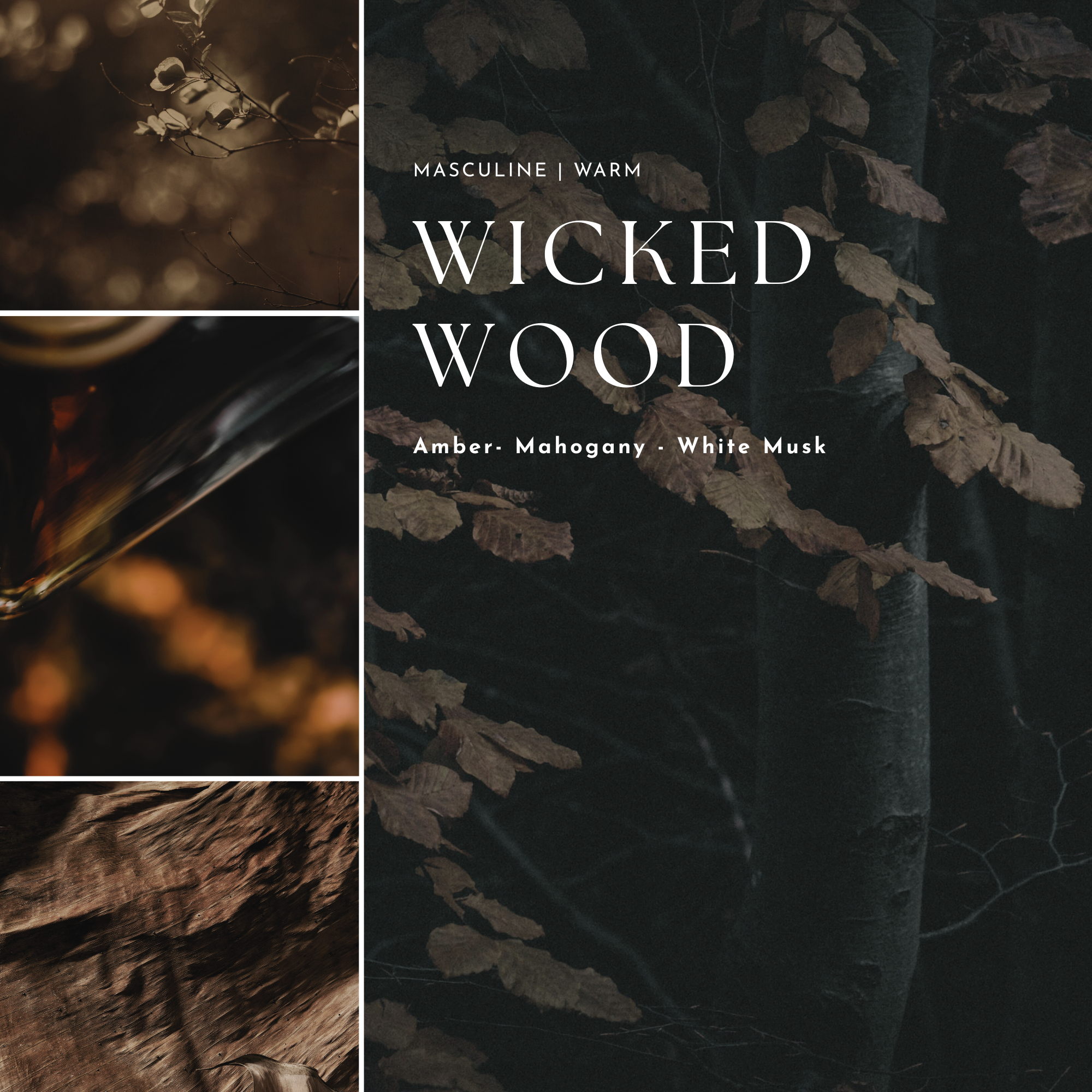 Collage of dark-themed elements with 'Wicked Wood' text and product details.