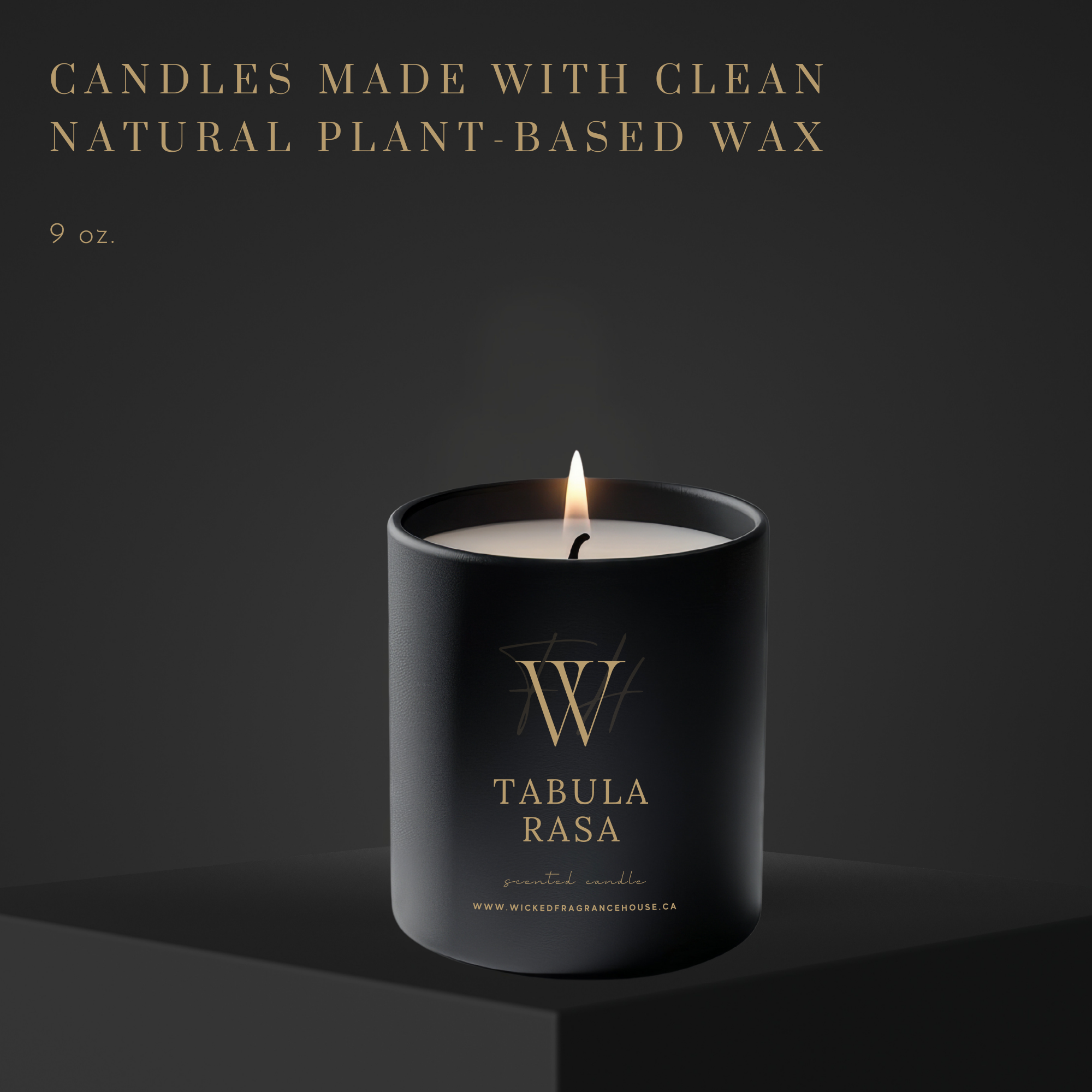 Black candle with 'Tabula Rasa' branding on a dark background