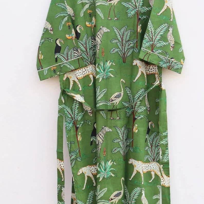 Women's boho kimono robe in green with animal print, made from organic cotton for comfort and style.