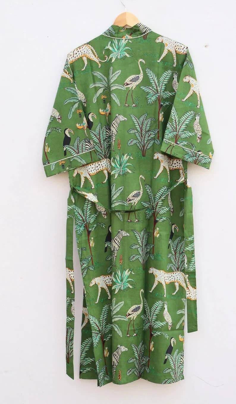 Women's boho kimono robe in green with animal print, made from organic cotton for comfort and style.