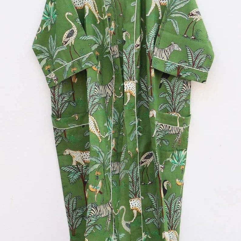 Women's handmade kimono robe in organic cotton with boho animal print and timeless floral patterns.