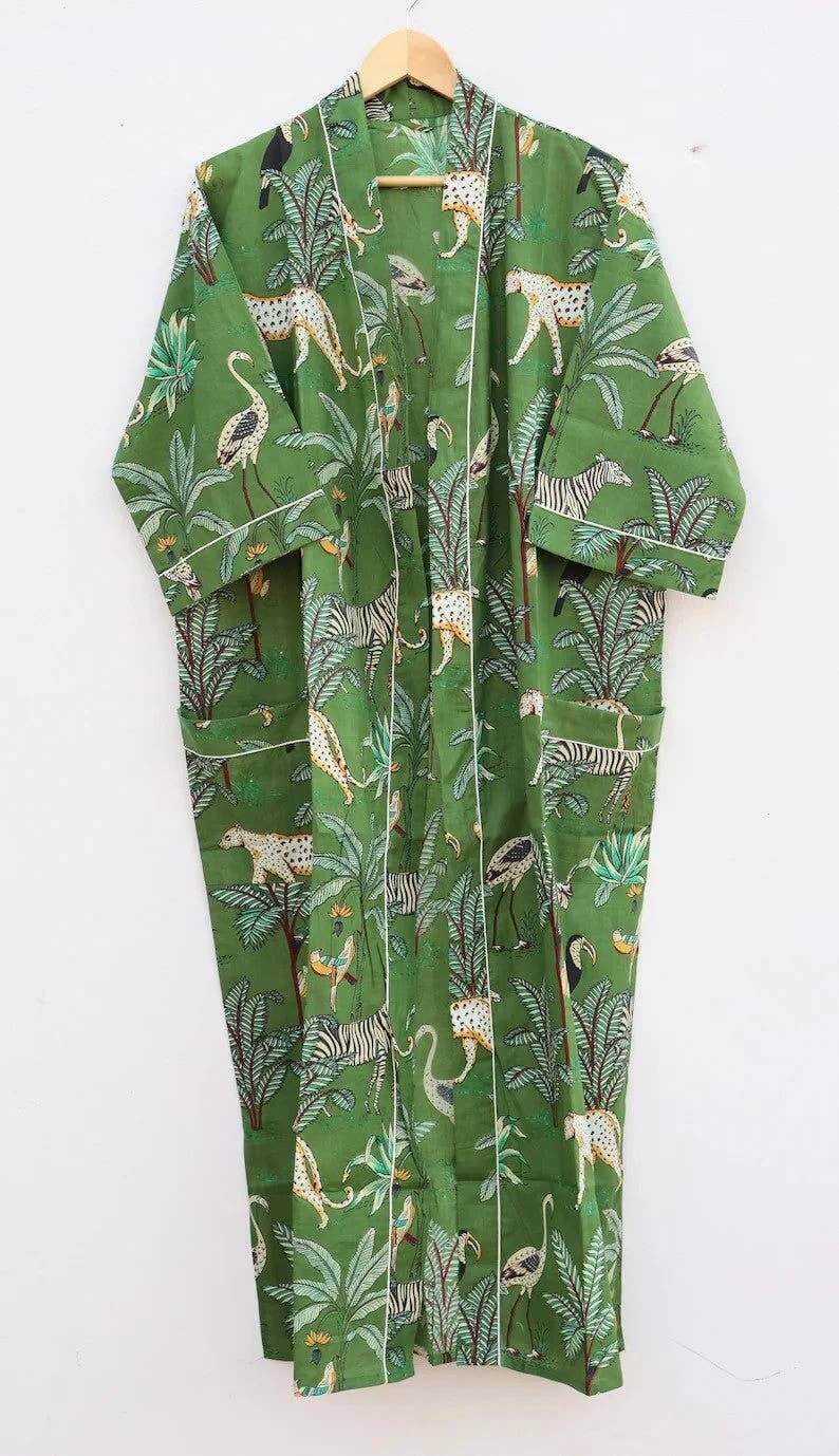 Women's handmade kimono robe in organic cotton with boho animal print and timeless floral patterns.