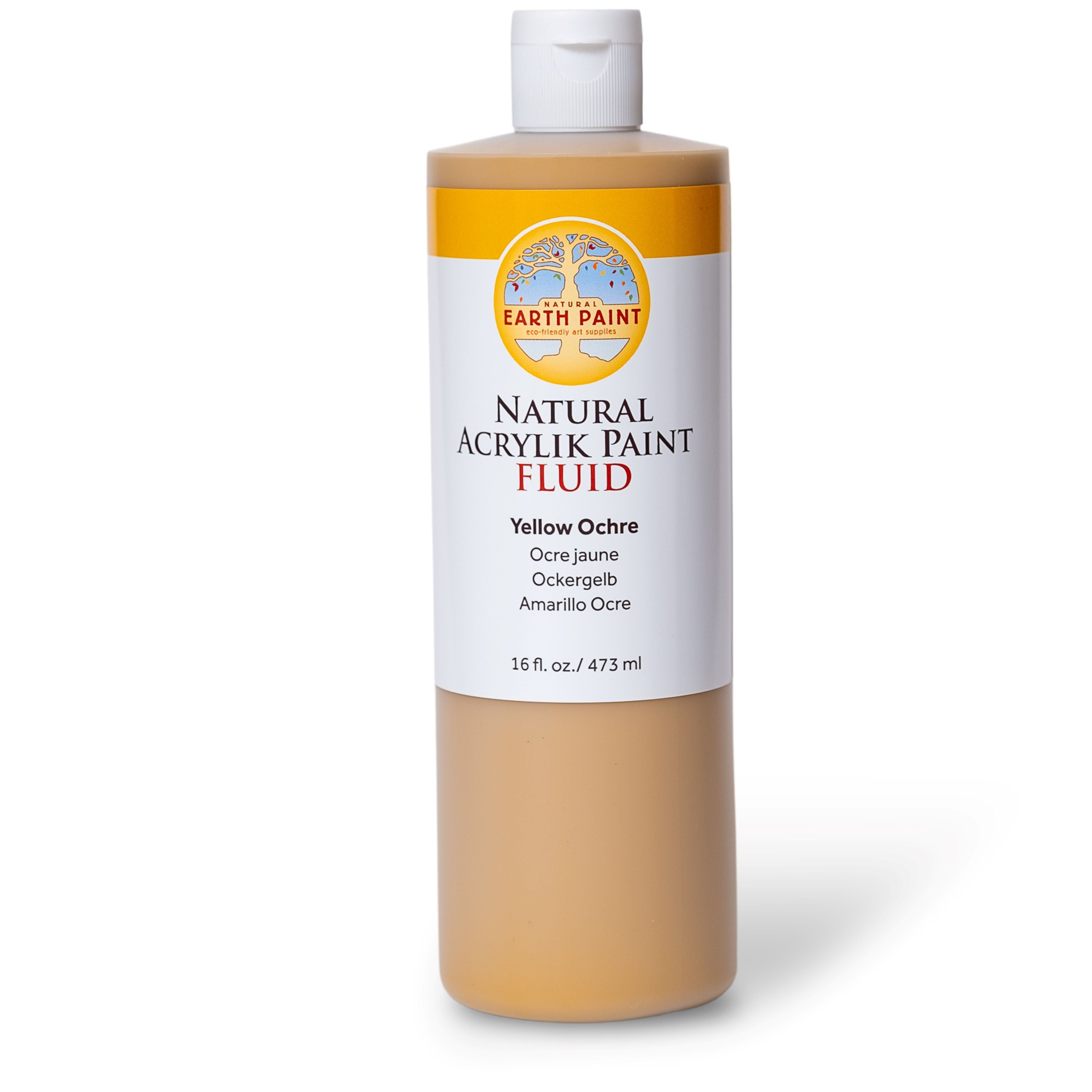 Bottle of Earth Paint Natural Acrylic Paint Fluid in Yellow Ochre on a white background