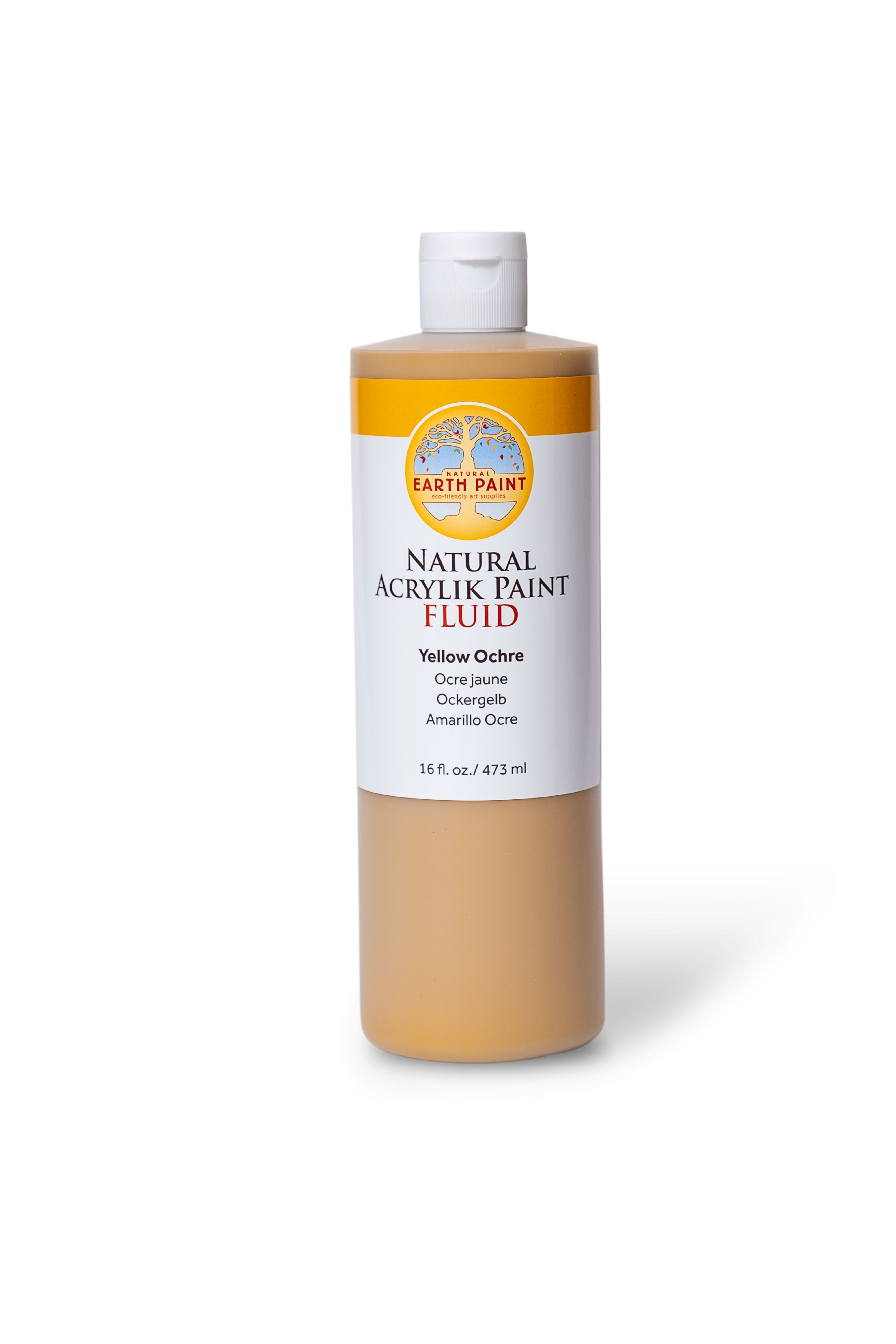 Bottle of Earth Paint Natural Acrylic Paint Fluid in Yellow Ochre on a white background