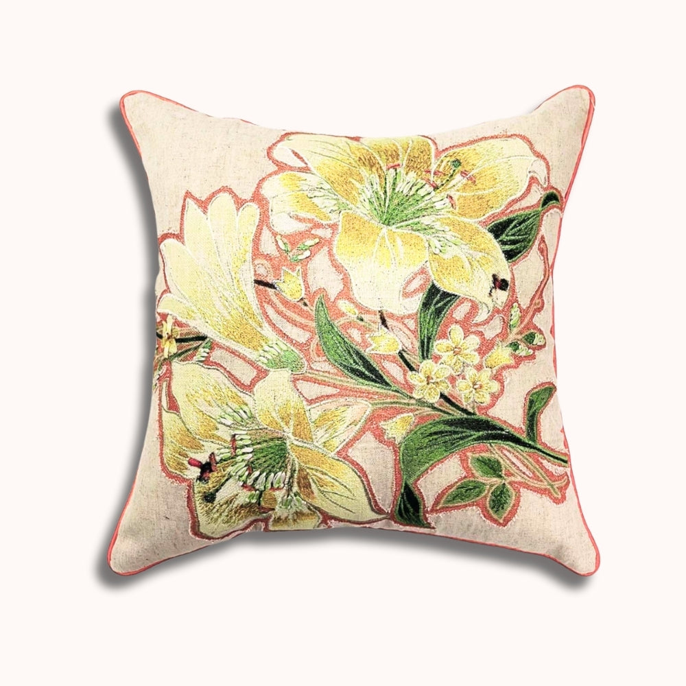 Decorative pillow with floral design on a beige background