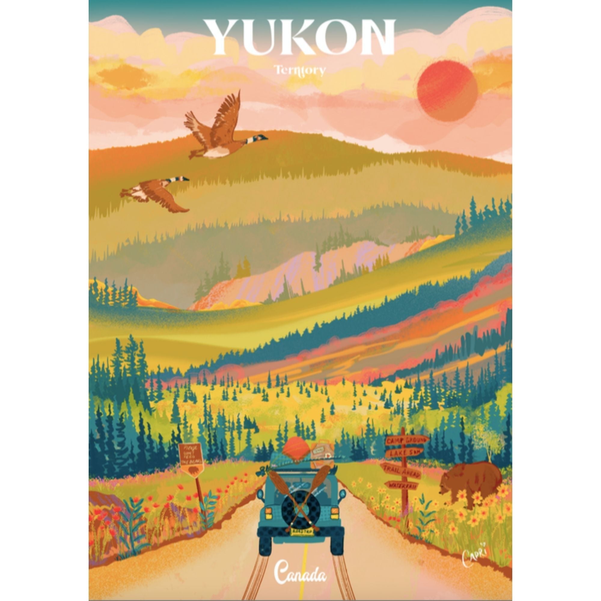 Colorful illustration of a scenic road trip in the Yukon with a car, mountains, and wildlife.
