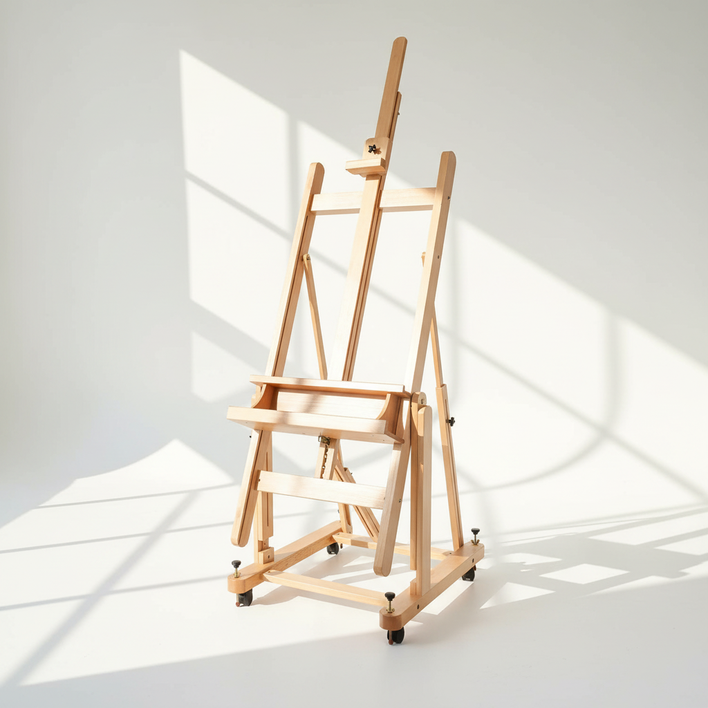 Wooden artist easel on a white background with sunlight casting shadows